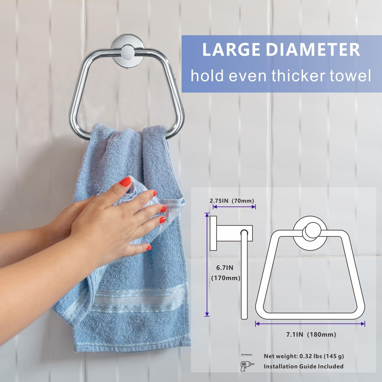Bath Towel Ring, Bathroom Hardware Accessories, Heavy Duty 304 Stainless Steel Towel Holder, Contemporary Trapezoid Wall Mounted Towel Hook (Chrome)