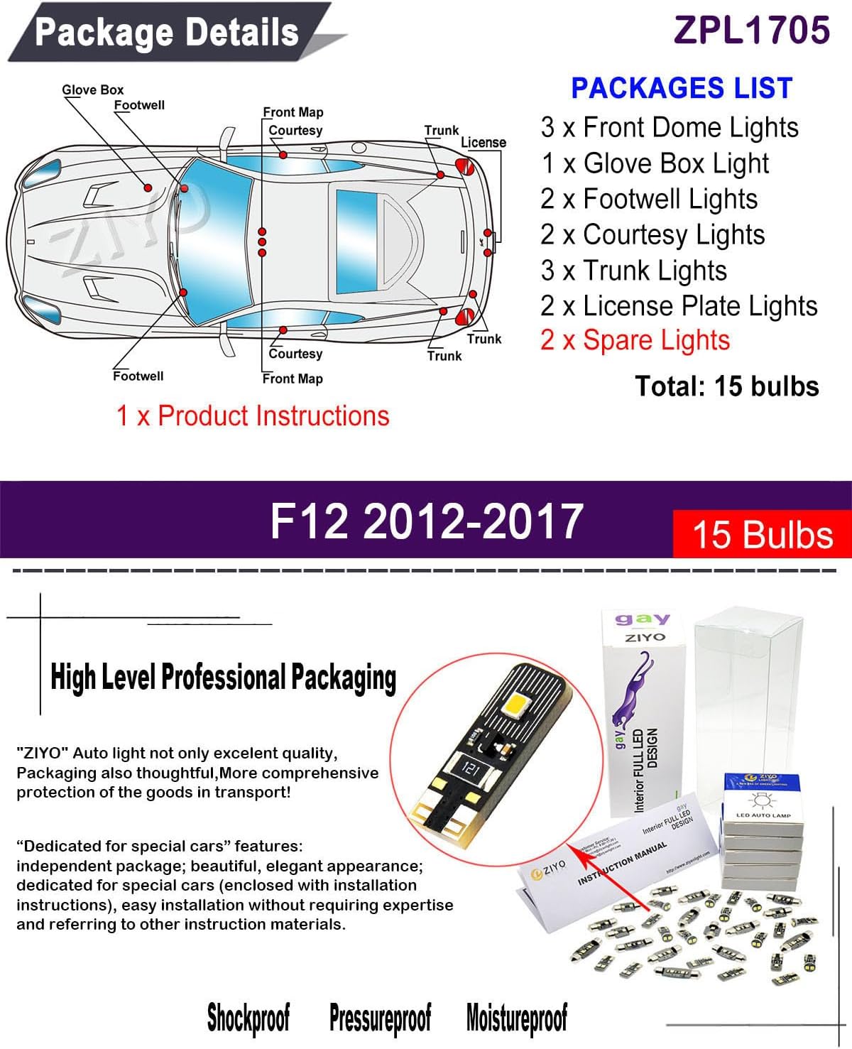 ZIYO ZPL1705 - (15 Bulbs) LED Interior Light Kit Replacement for Ferrari F12 Berlinetta 2012-2017 + License Plate Light Bulbs Package, White Dome Lights Upgrade Error Free