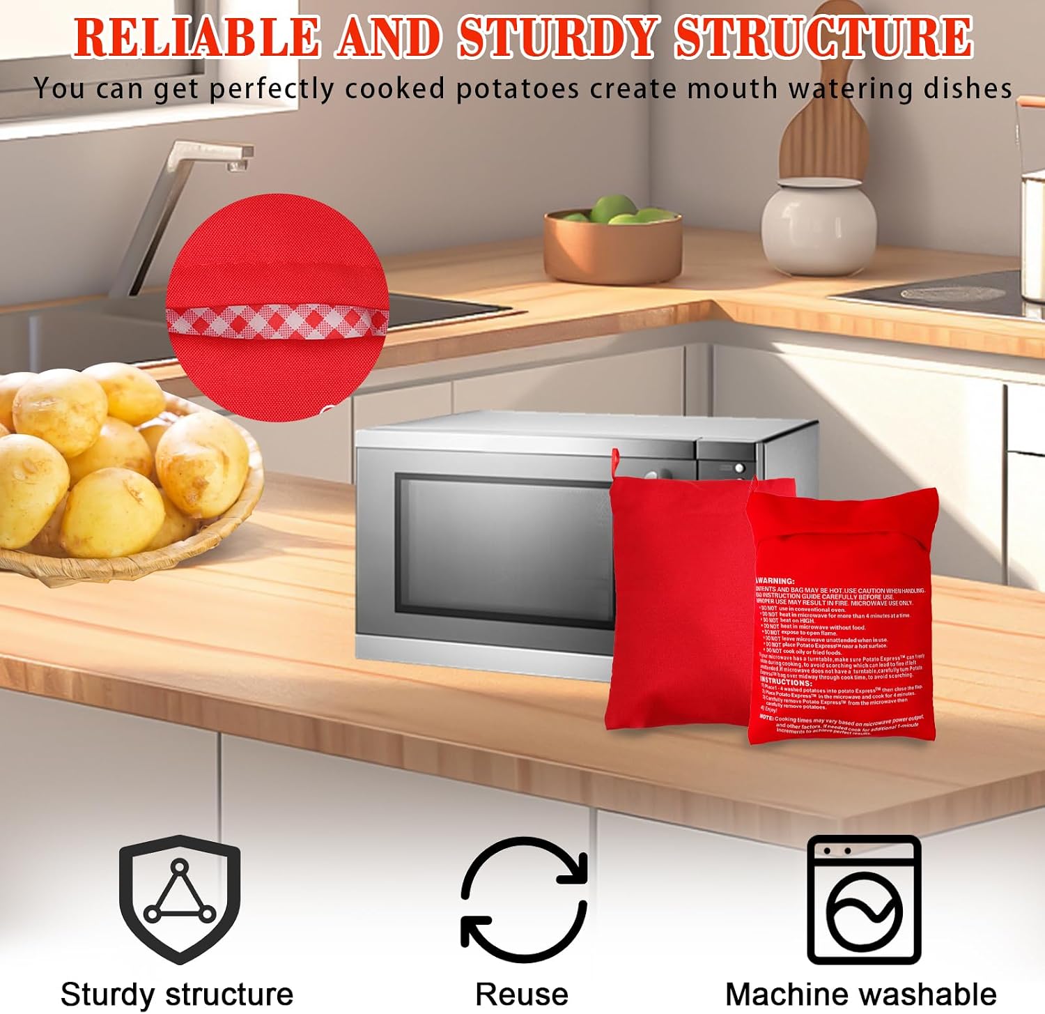 2 Packs Baked Potato Microwave Bag, Microwave Potato Bag Reusable Baked Potatos Pouches Cooker Potatos Bags for Microwaves Fast Even Heating Quick Easy Kitchen Gadget (Red)