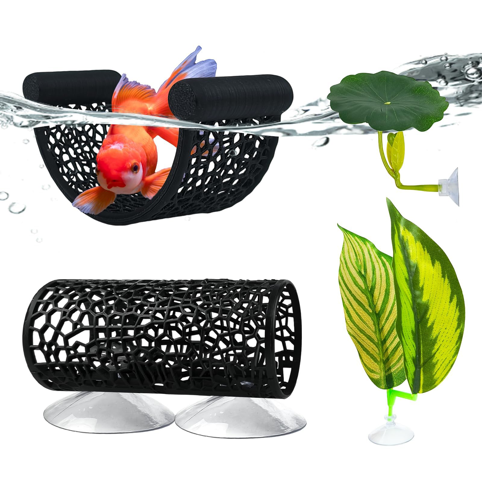 exylosluxek Betta Hammock 4-Piece Aquarium Betta Fish Decoration Accessories Set Including Fish Hideout Tunnel and Artificial Leaf Resting Pads