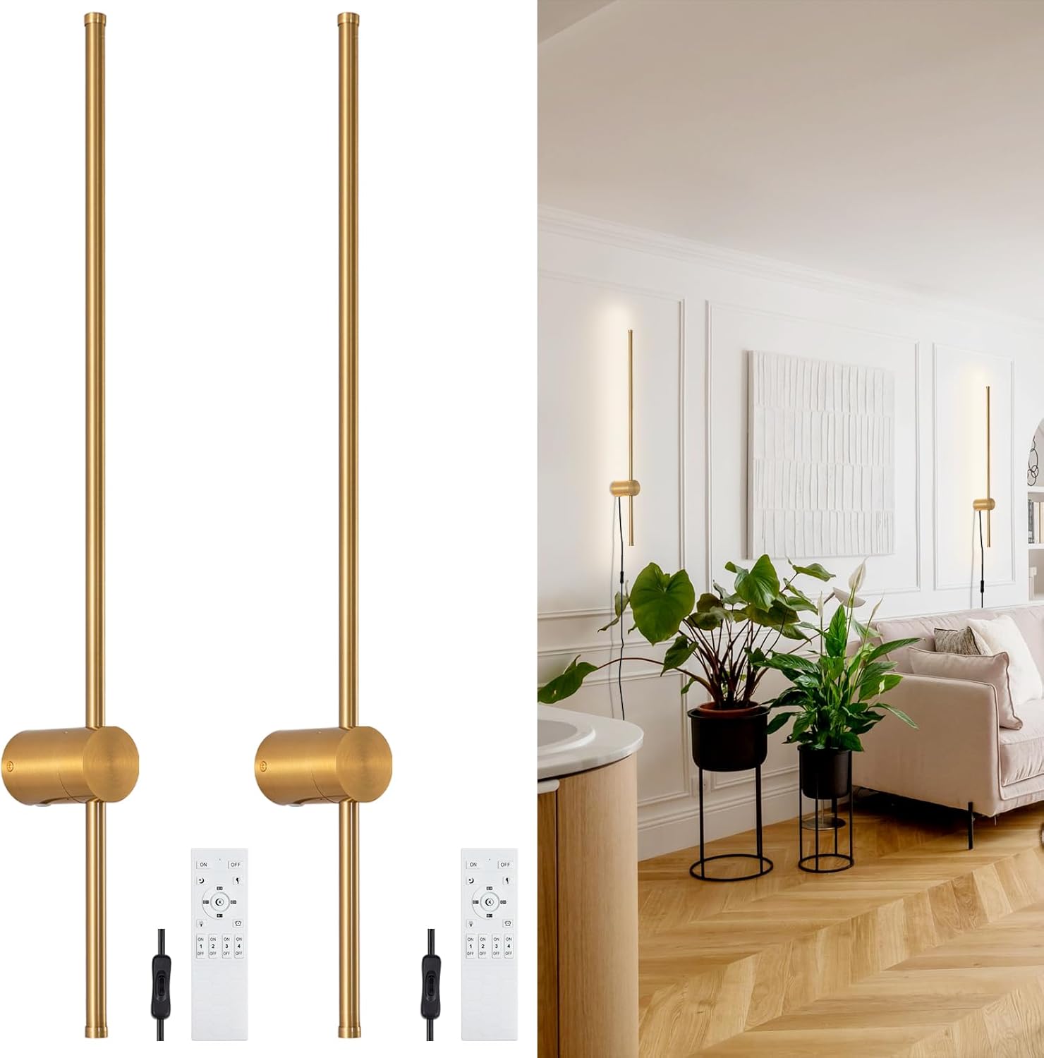 Dimmable Plug in Wall Sconce Set of 2, Gold 31.5″ LED Wall Light with Remote, Adjustable Color Temperature Brightness Wall lamp with Timer for Living Room,Bedroom and Accent Lighting Dimmable Plug in Wall Sconce Set of 2, Gold 31.5″ LED Wall Light with Remote, Adjustable Color Temperature Brightness Wall lamp with Timer for Living Room,Bedroom and Accent Lighting