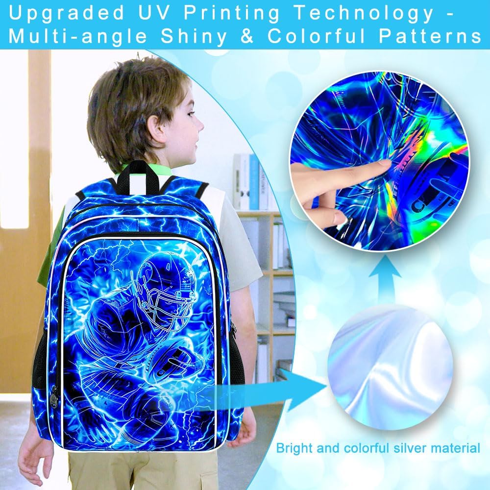 3Pcs Football Backpack for Boy, 17" Lightning Bookbag for Elementary Preschool Kindergarten, Kids School Backpacks with Lunch Box (Blue)