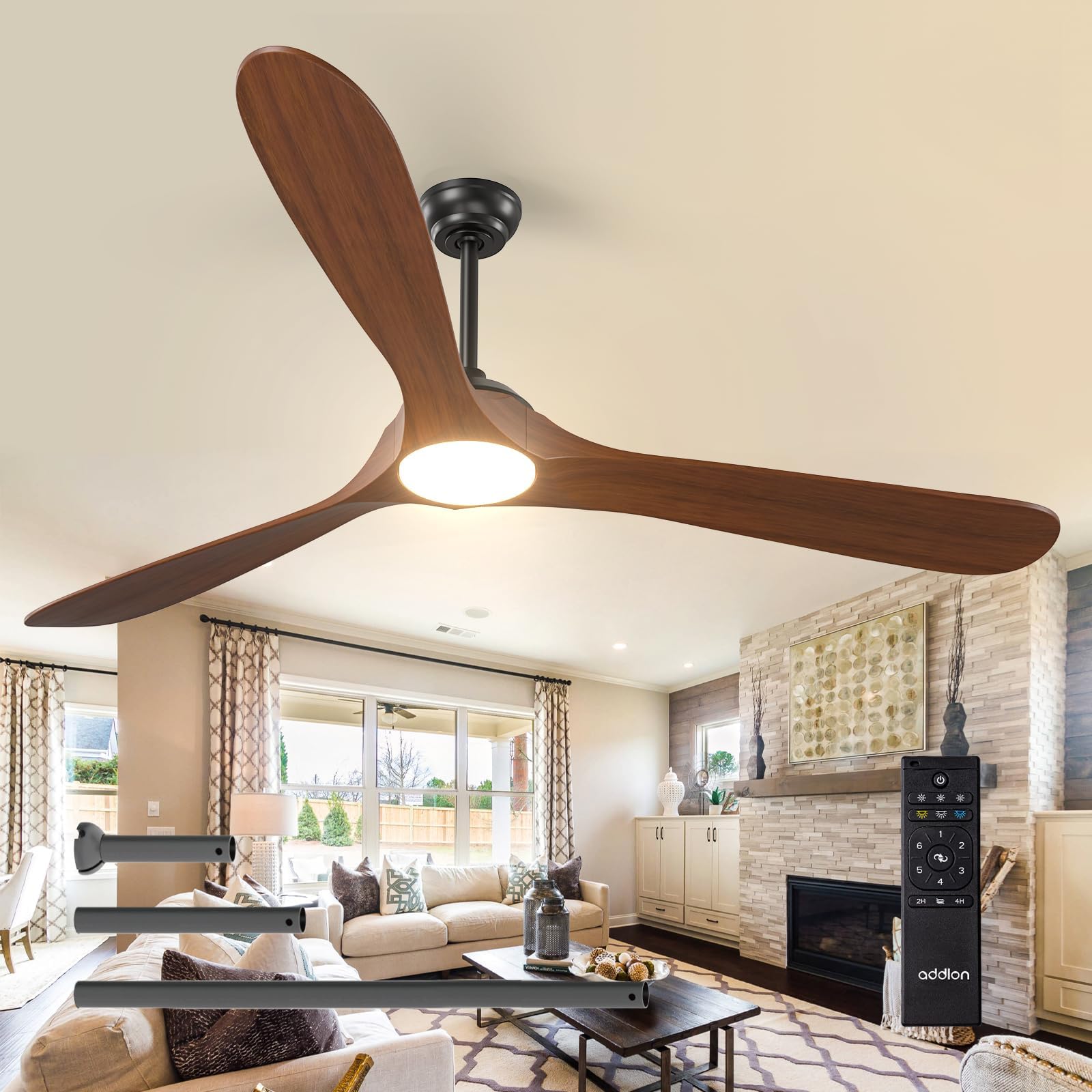 addlon Ceiling Fans with Lights, 72 inch Indoor/Outdoor Ceiling Fan with Remote Control, Reversible, 3 Wood Blades, 6 Speeds, 3CCT Dimmable, Noiseless, Large Ceiling Fan for Patio, gazebo, Farmhouse