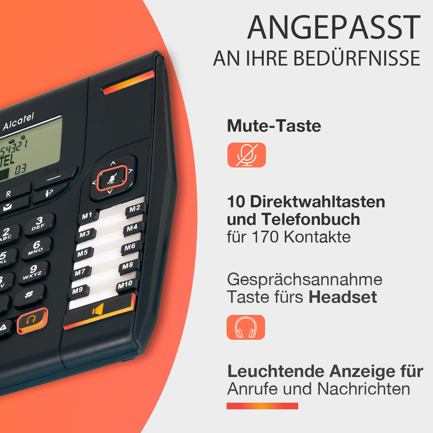 ALCATEL Temporis 880 PRO - Professionelles Festnetztelefon - Großes alphanumerisches Display - Anrufanzeige - Einstellbare Lautstärke - Rückruftaste - Stummtaste - 10 Direktwahltasten - Schwarz