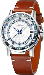 FORSINING Relógio analógico masculino esqueleto mecânico de vento manual esculpido no mapa do mundo com pulseira de couro genuíno WRG8278M3S6, Branco e azul., Moderno