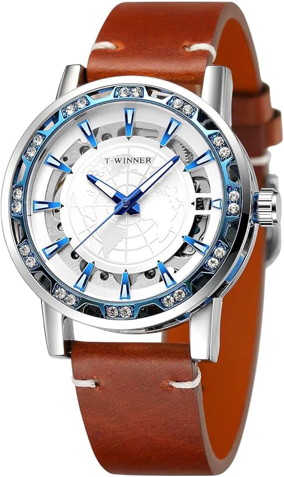 Relógio analógico masculino esqueleto mecânico de vento manual esculpido no mapa do mundo com pulseira de couro genuíno WRG8278M3S6, Branco e azul., Moderno