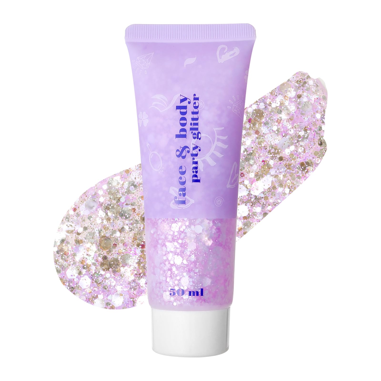 Prreal Body Glitter Gel, Holographic Face Glitter Rave Party Accessories, Chunky Glitters for Hair Eyes Nails, Cosmetic Laser Powder Festival Sequins Paint Makeup, #Silver to pink
