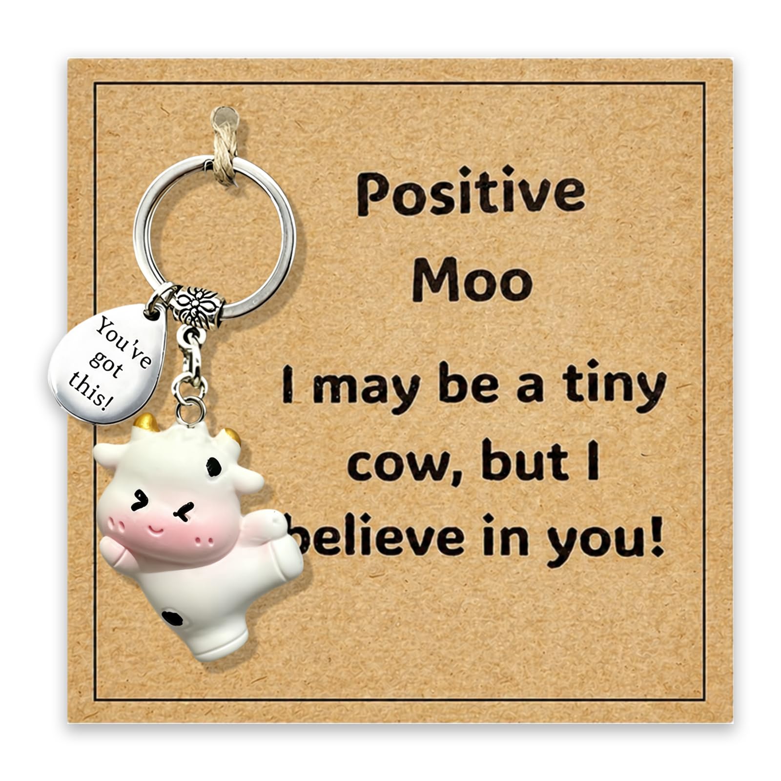 PHIOMUUE Inspirational Small Cow Keychain with Metal Token - I May Be a Tiny Cow, But I Believe in You Motivational Gift, Cute Animal Keyring for Positivity & Encouragement