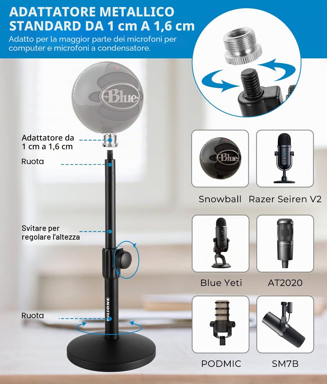 BILIONE Supporto per microfono da scrivania, regolabile, con filtro anti-pop, supporto antiurto, clip per microfono, adattatore a vite in metallo da 1,5 cm a 0,95 cm