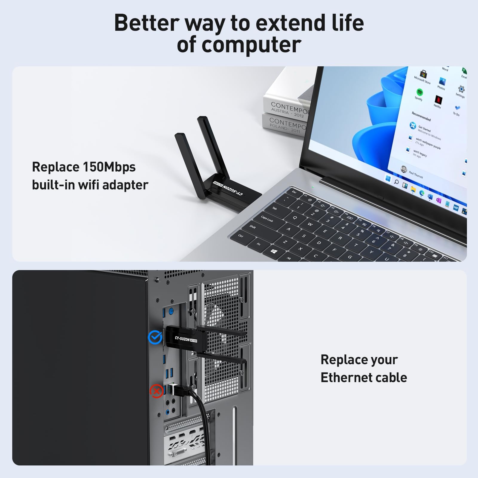 Adaptador WiFi USB AC1300 - Adaptador de red inalámbrico de doble banda 2.4G/5G para PC de escritorio, MU-MIMO WiFi Dongle, USB 3.0, compatible con Windows 11, 10, 8.1, 8, 7