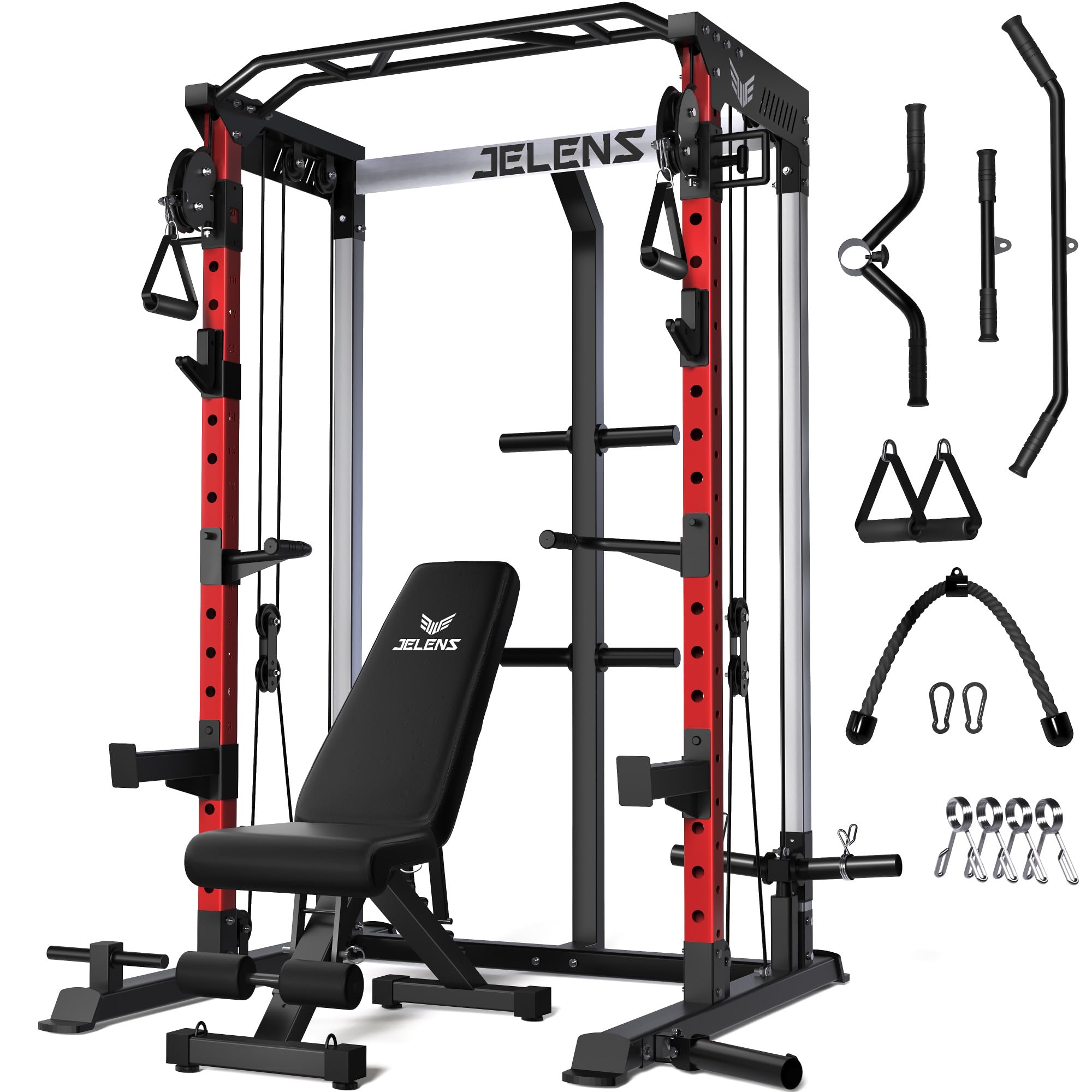 JELENS C21 Power Cage, 2000LBS Multi-Function Power Rack with Independent Dual Pulley System, All-in-One Squat Rack for Cable Crossover, Home Gym Workout Machine