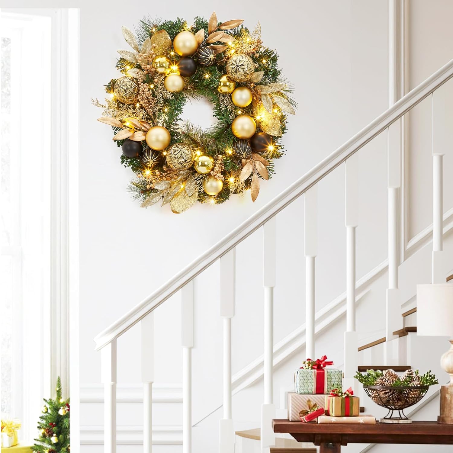 22 in Artificial Christmas Wreath, Pre-Lit Lighted Christmas Wreath with Ball Ornaments, Golden Leaves, Pine Needles, Winter Xmas Wreath with Timer for Door Window Fireplace