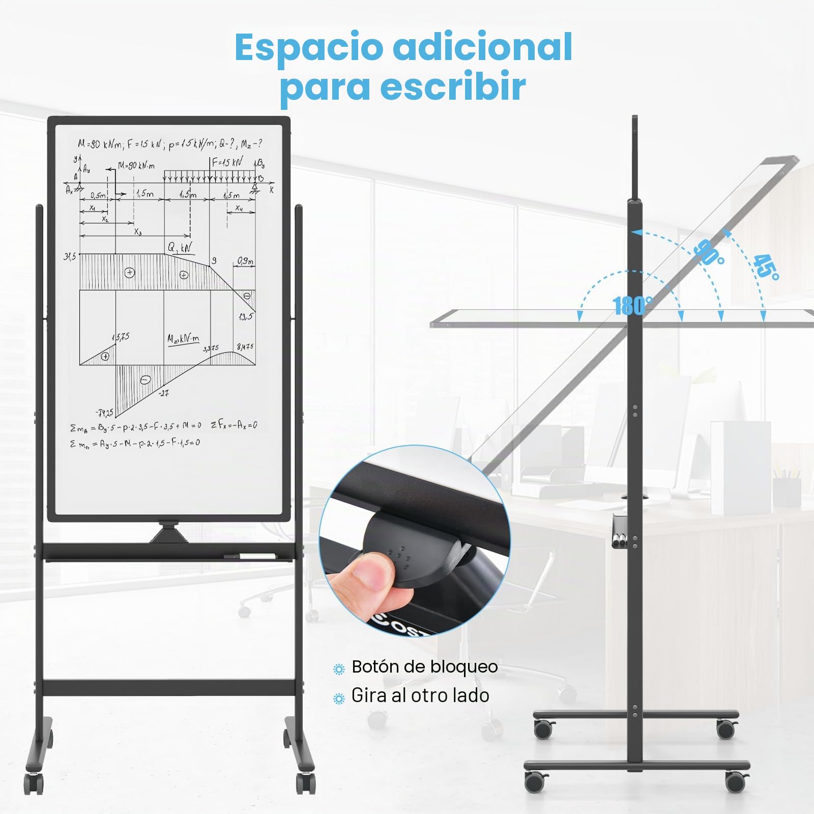 GIANTEX Pizarra Blanca Móvil de Doble Cara, 60 x 100 cm, Pizarra Magnética con Patas Ajustable en 2 Niveles, con Borrador en Seco, Marcadores Negros, Imanes, Pizarra de Caballete con Ruedas (Negro)