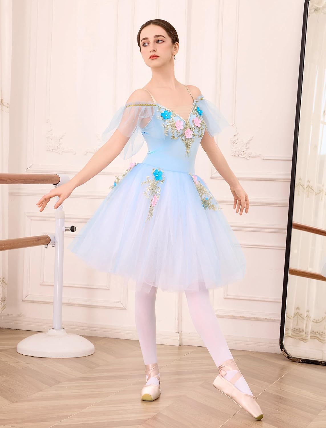 AFAVOM Ballet Leotards for Women Ballerina Performance Swan Lake Costumes Embroidery Tulle Camisole Skirted Leotard Dancewear