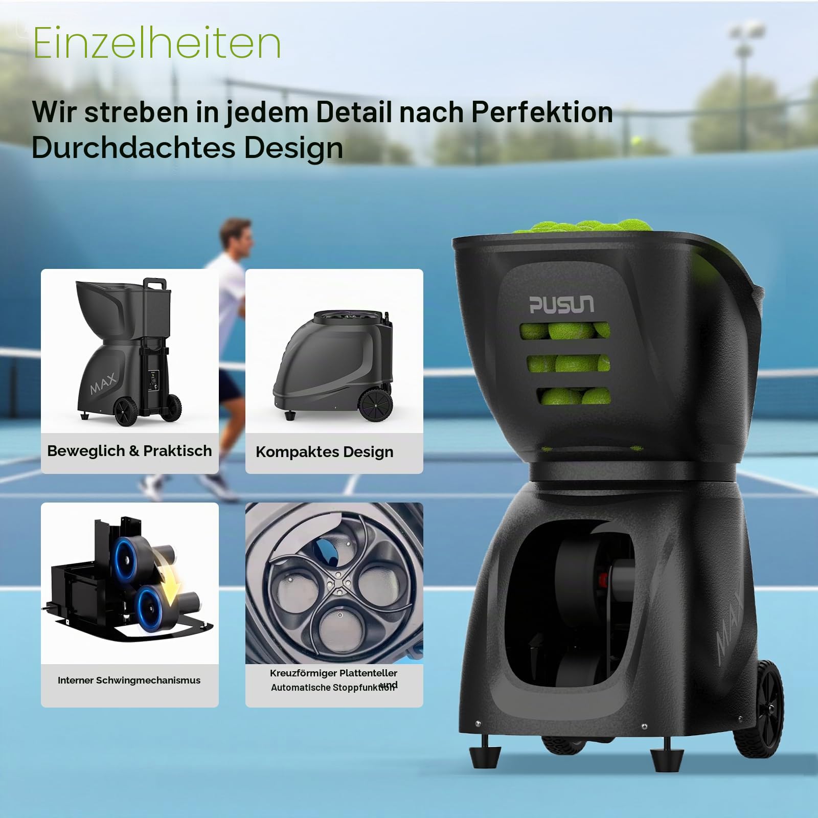 Tennisballmaschine PUSUN PT-Max C, Padel- und Tennisballwerfer mit 145+ Bällen, Dual-Control über App und Fernbedienung, 35 Bälle, selbstprogrammierbar, tragbar