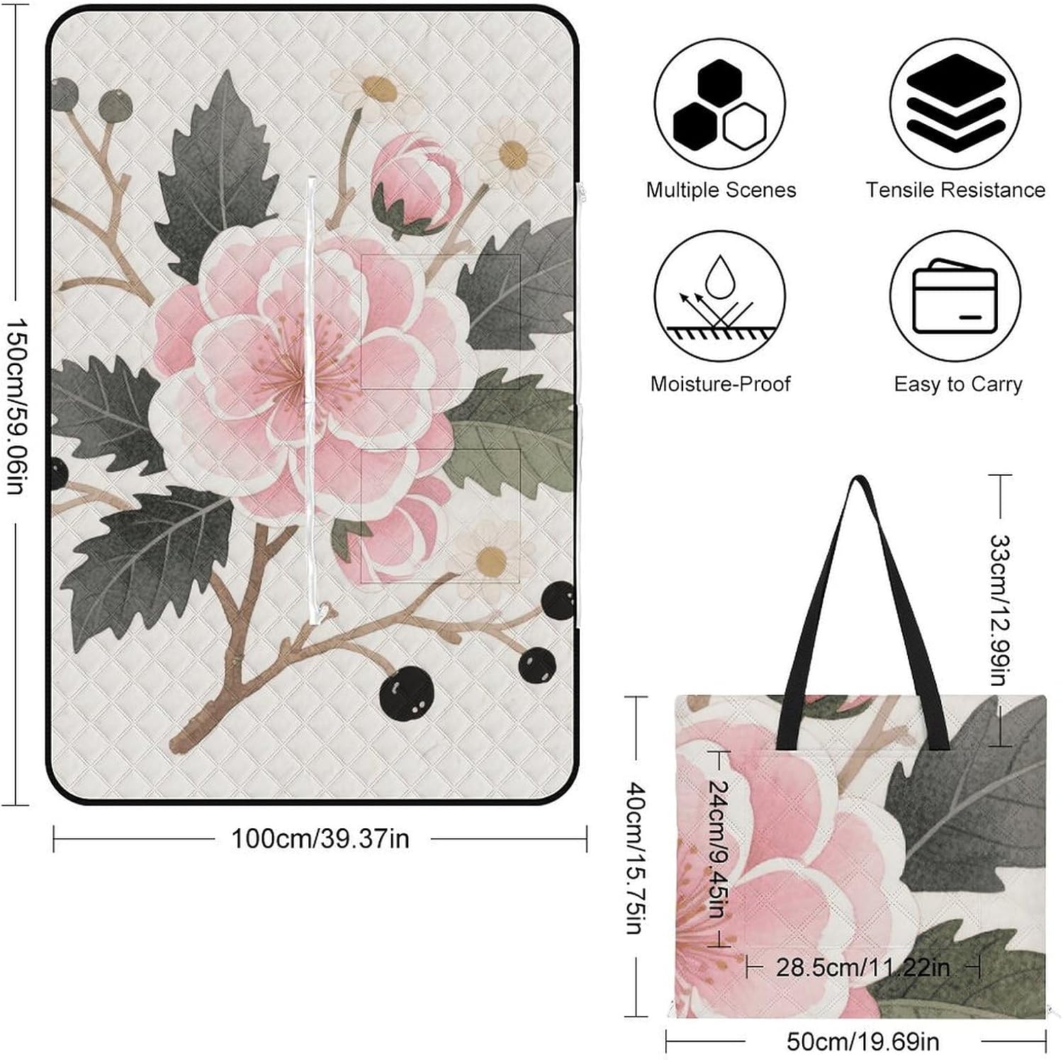 Vintage Peach Pink Floral Picnic Blanket 150x100cm, Foldable 2-in-1 Picnic Mat and Tote Bag Portable Waterproof Beach Mat Sandproof Outdoor Blanket for Park, Hiking, Beach, Camping, Travel