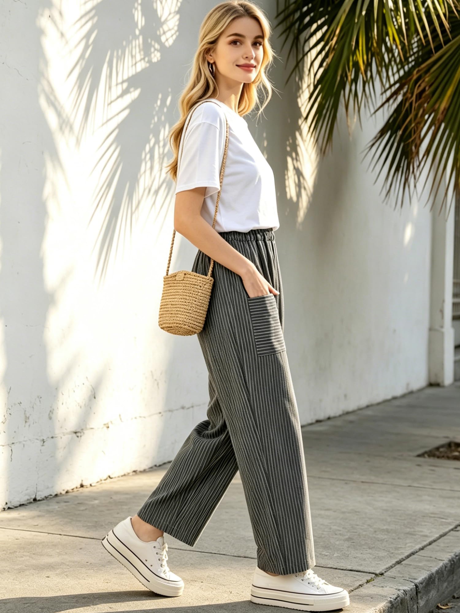 FTCayanz Damen Leinen Gestreift Haremshose Lange Hose
