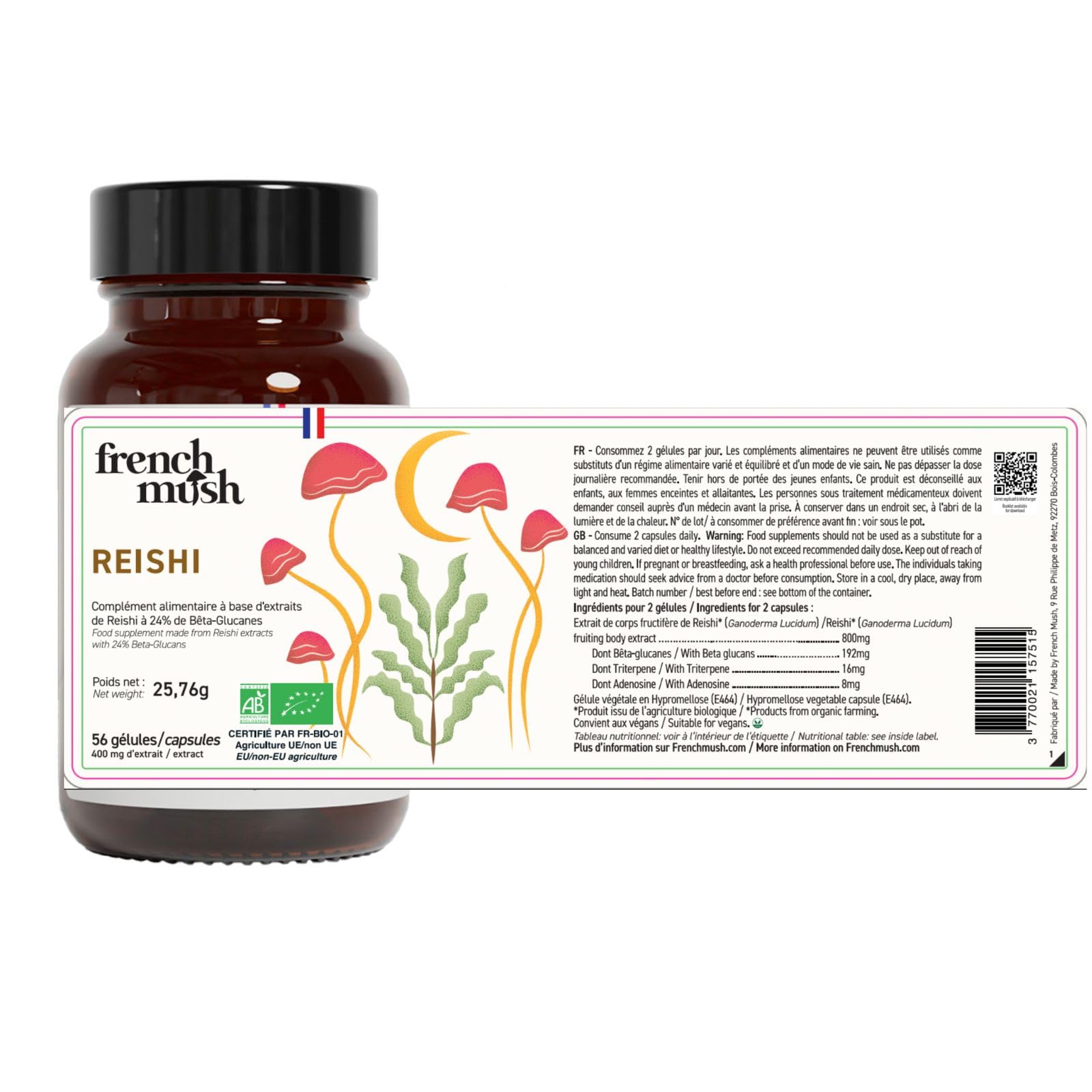 French Mush Reishi Bio 8000mg - 56 Capsule Vegane - 30% Polisaccaridi 92% Biodisponibilità - Effetto Rilassante, Sonno, Umore - Estratto di Reishi Potente - Testato in Laboratorio