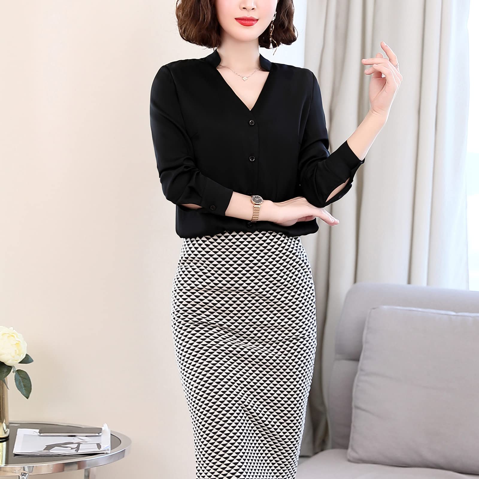 Valin Blusa de seda para mujer Camisa Sólido Botón Abajo Camisas Blusa de Manga Larga Cuello en V Blusa de Seda,S1902