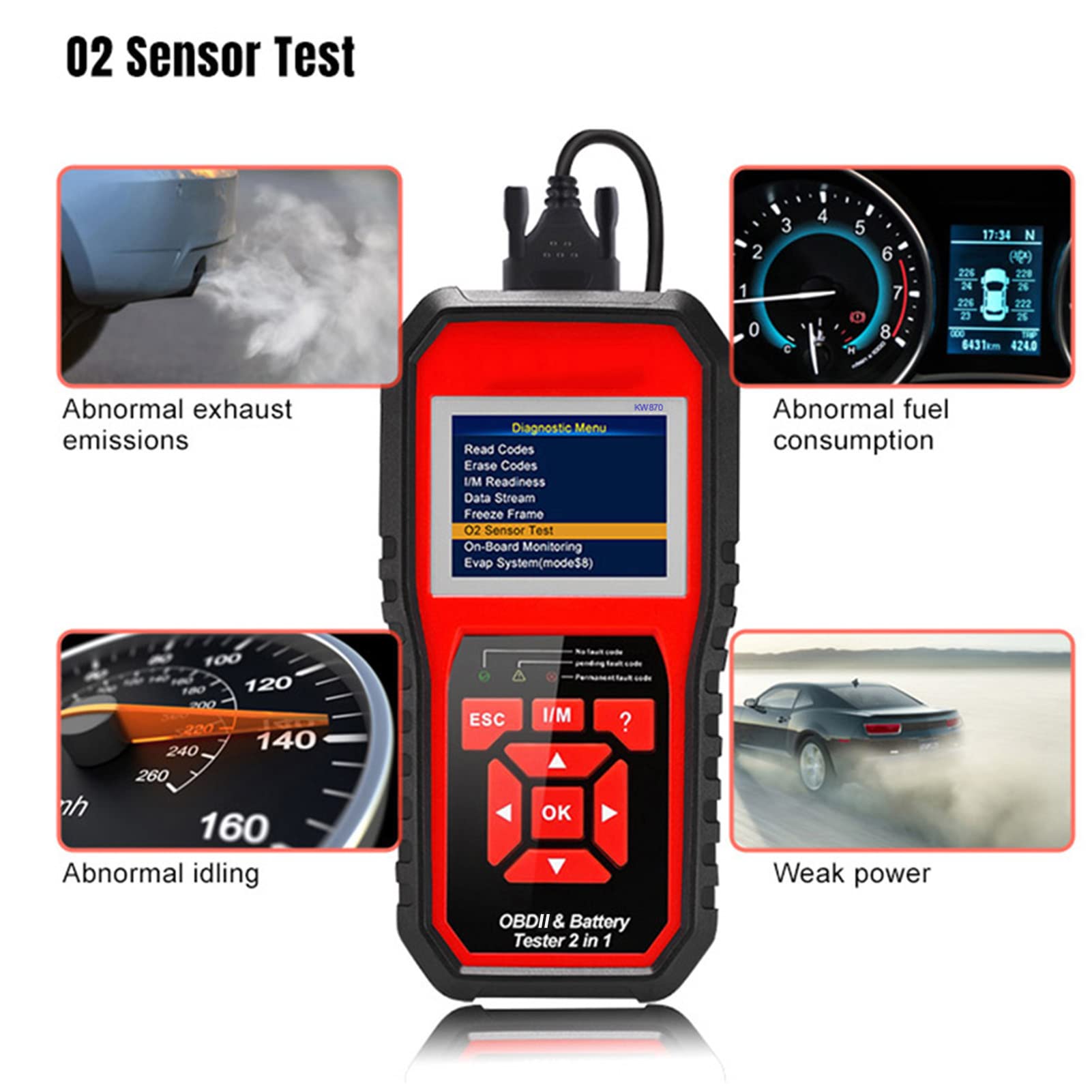KW870 Scanner di Codici Diagnostico Automatico Professionale con Tester Batteria, per Proprietari di Veicoli, Strumenti Scansione Diagnostica Automatica 2 in 1 per Officina Riparazioni Auto