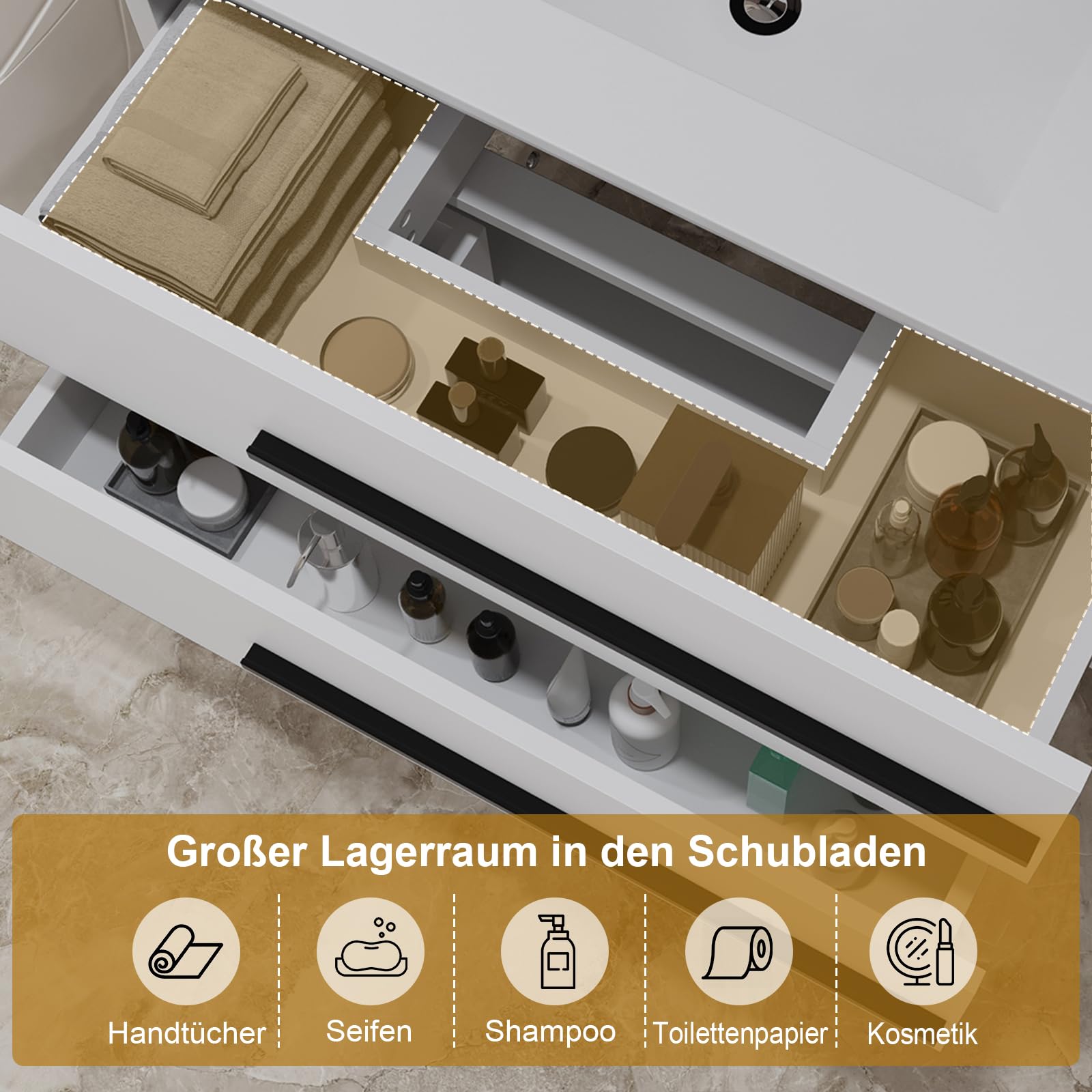 Waschbecken mit Unterschrank 60 cm breit, Waschbeckenunterschrank, Badmöbel Set für Gäste-WC, Hängender Waschtisch mit Keramikwaschbecken, Weiß Hochglanz Badmöbel mit 2 Soft-Close-Schubladen
