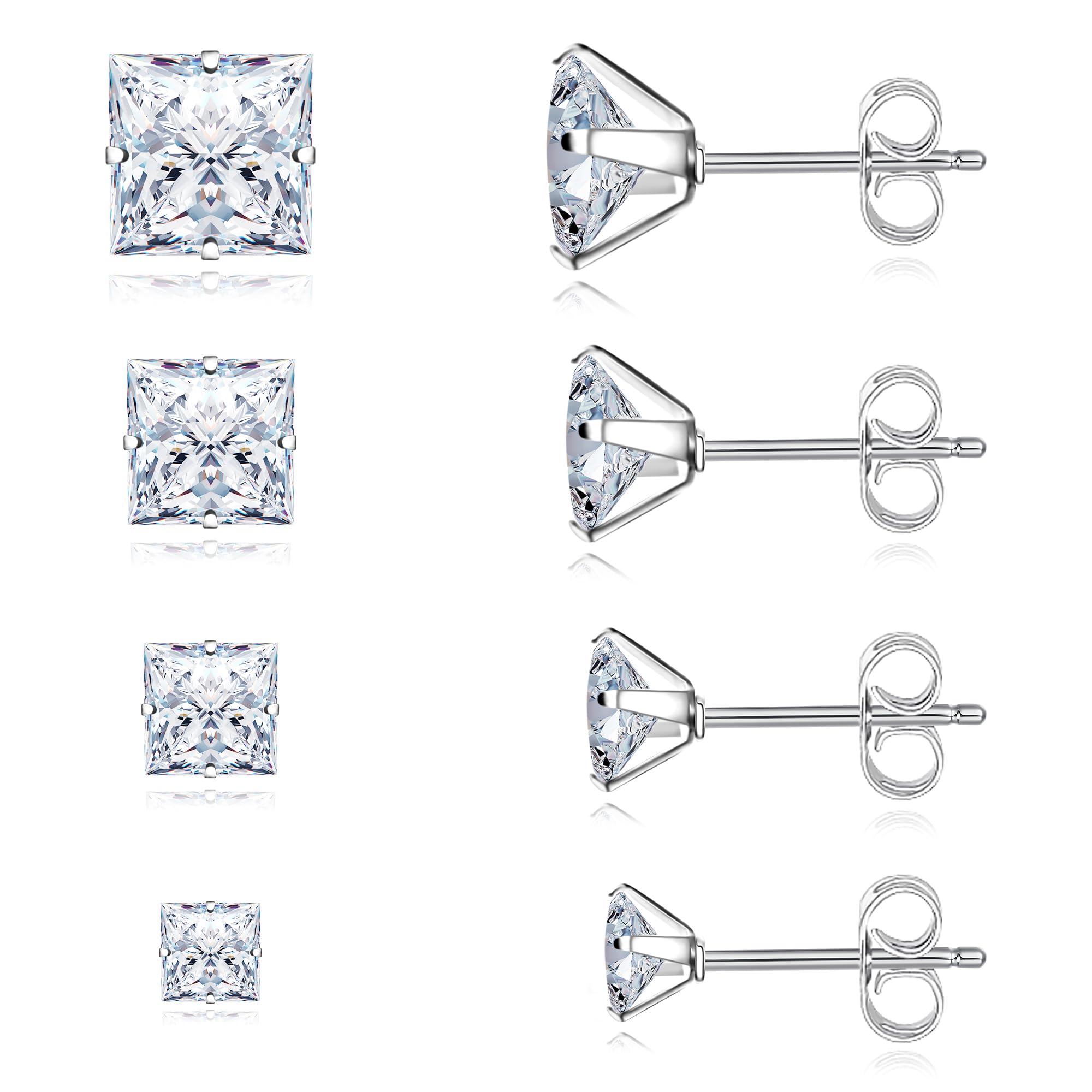 Trinckle 4 Pairs Stainless Steel Earrings, Silver Stud Earrings for Men Square Earrings Cubic Zirconia Earrings Studs for Women Princess Cut Earrings Hypoallergenic Earrings Set Piercing Jewelry