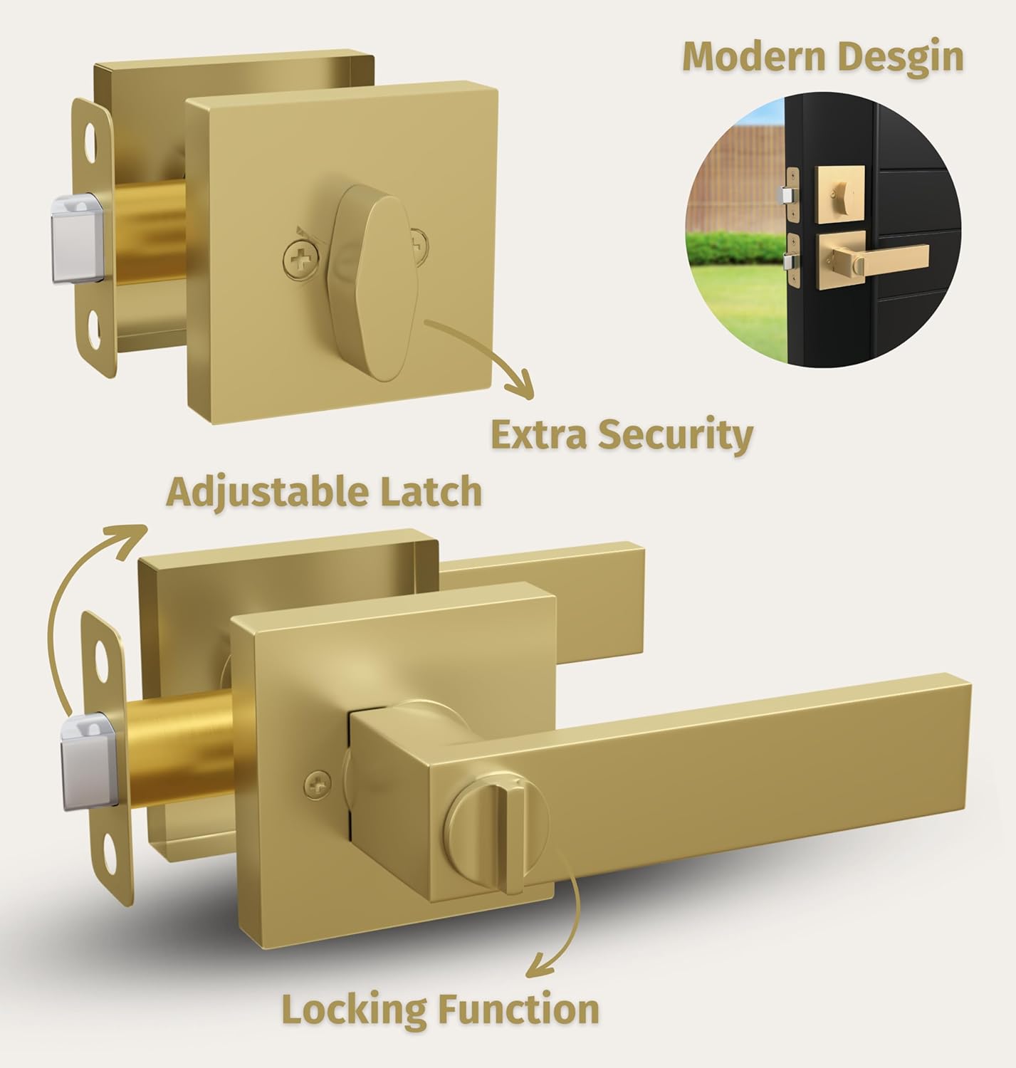 Mega Handles ROBELL Entrance Combo, Entry Lever Door Handle & Single Cylinder Deadbolt Lock & Key Pack, Heavy Duty Door Levers Set for Left or Right-Handed Doors - Satin Brass (2 Pack) Keyed Alike