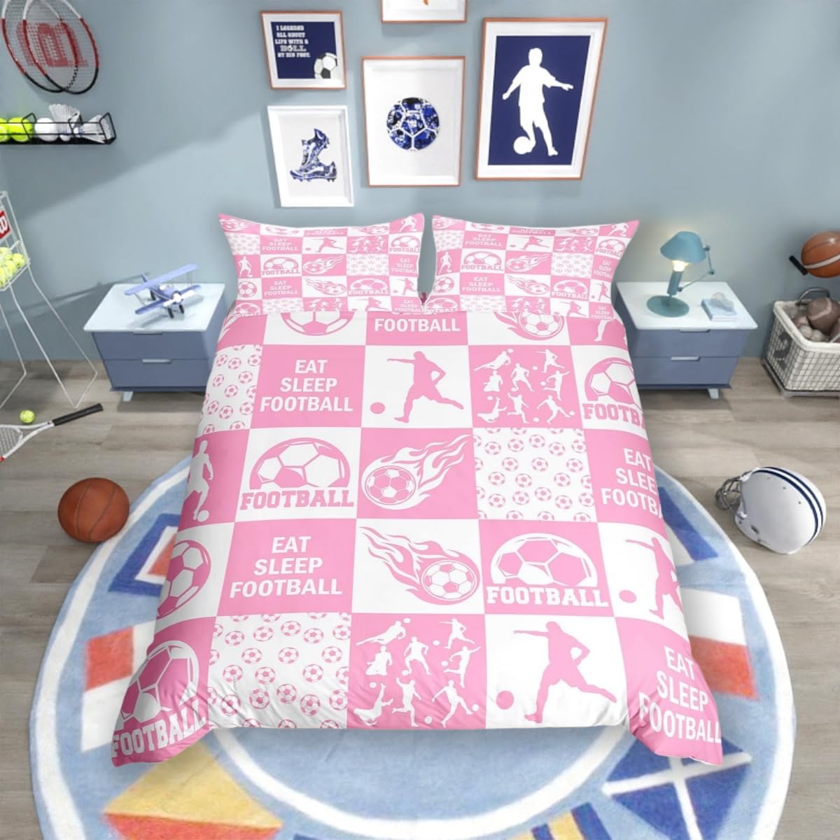 Cartoon Football Kids Duvet Cover Set Single Size,Geometric Honeycomb Plaids Hexagon Patchwork Bedding Set,Boys Girls Room Decor,Soccer Ball Sport Game Pink Quilt Cover,1 Pillowcase(No Comforter) — image 1