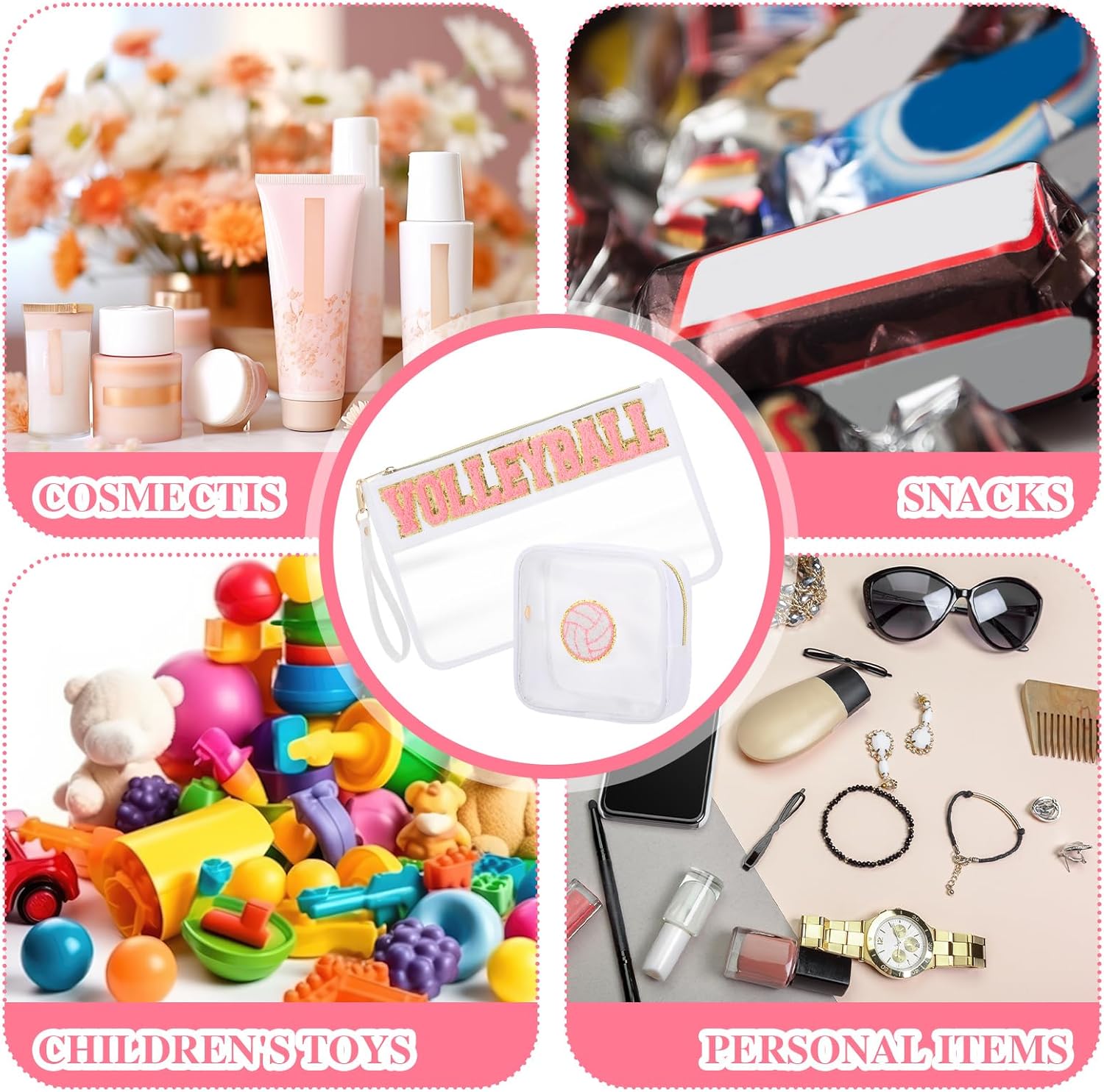 2 Pcs Pink Volleyball Cosmetic Bag Gifts Sport Cheer Makeup Bags Clear PVC Waterproof Toiletry Zipper Travel Pouch for Women Girls Soccer Softball Volleyball Tennis Lovers Players Team