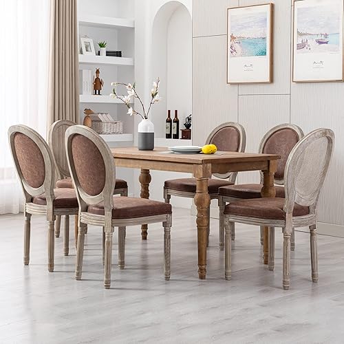 Miniatura 6 de Juego de 2 sillas de comedor de cuero estilo rústico francés para cocina y comedor con respaldo redondo de poliuretano, sillas de cocina tapizadas