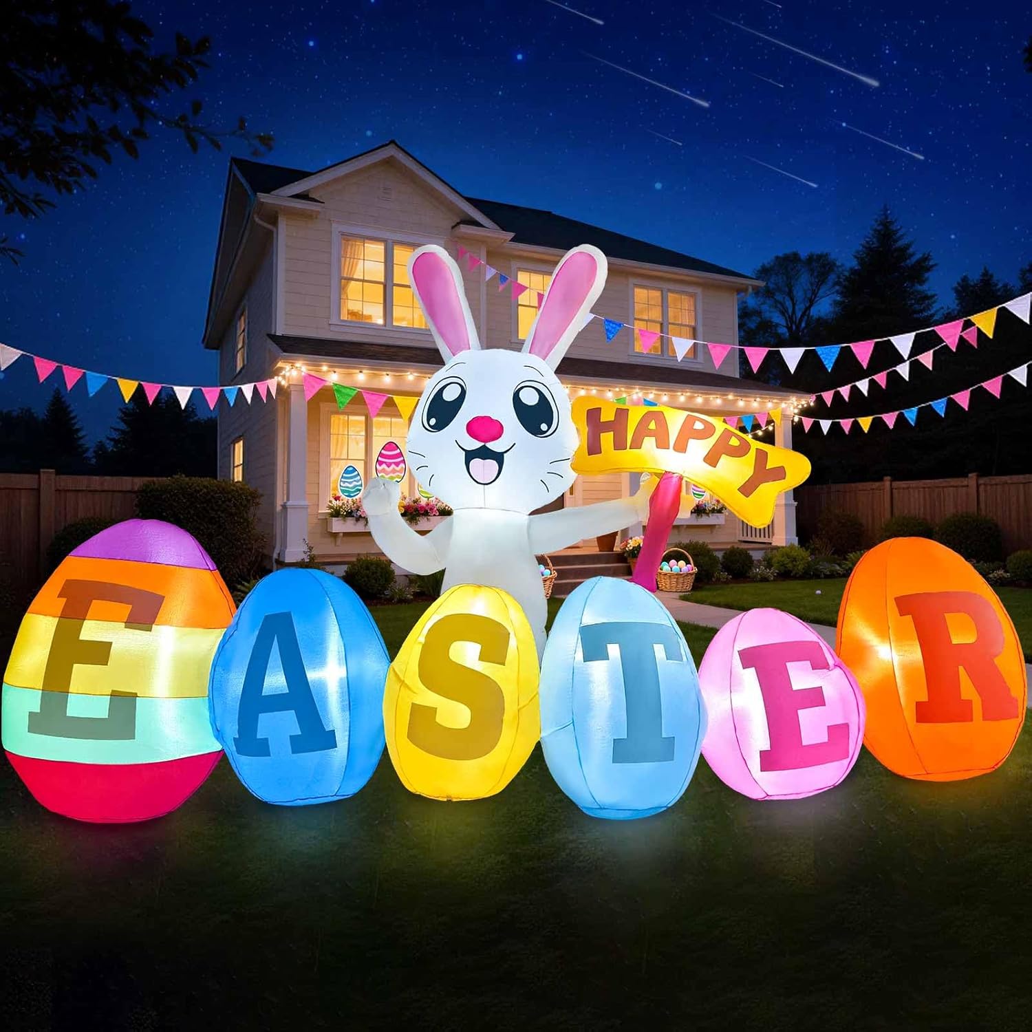 7FT Long Easter Inflatables Outdoor Decoration Inflatable Bunny with Happy Easter Built in LED Lights Bunny Blow Up Yard Decoration for Lawn Garden Holiday Party(with Storage Bag)