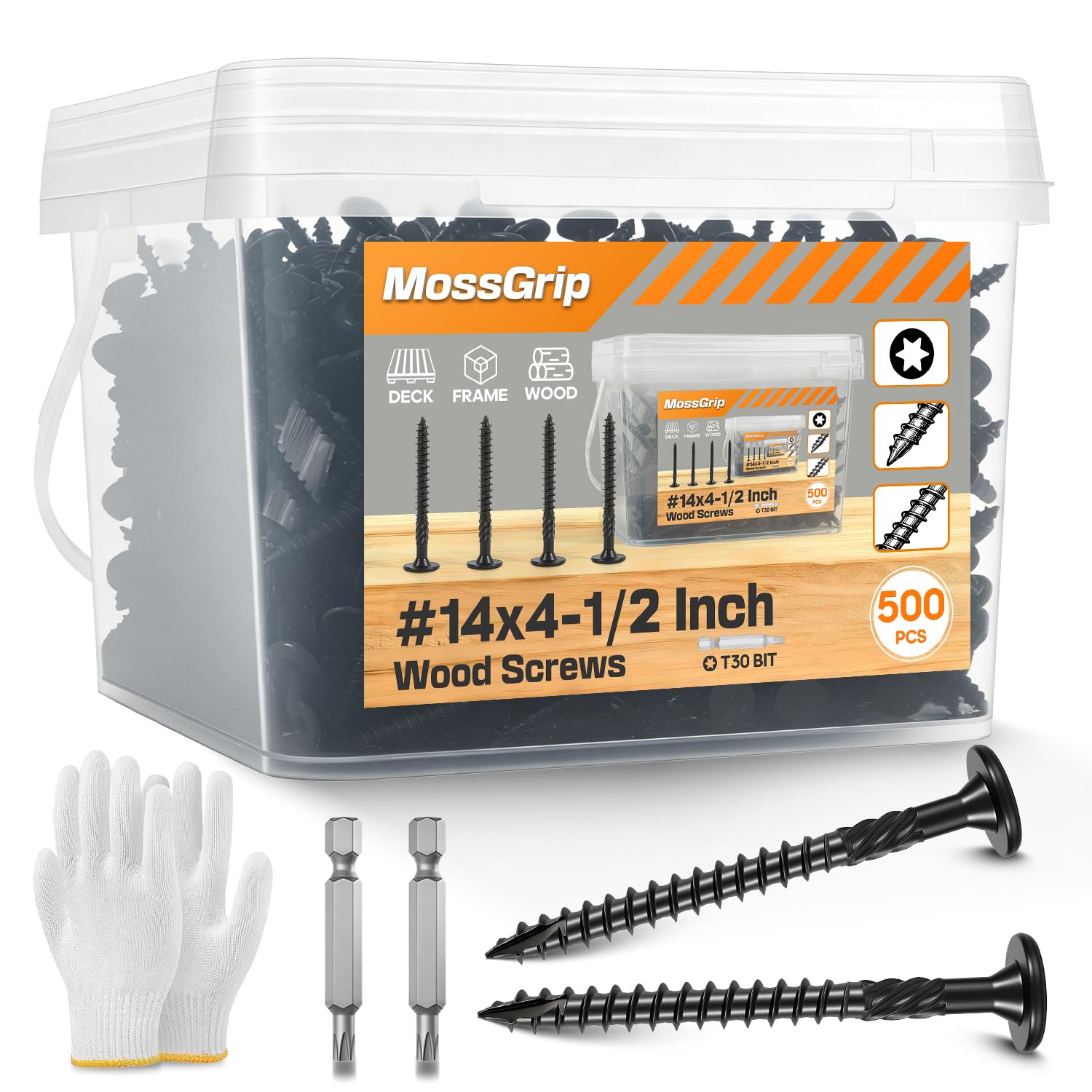 #14 x 4-1/2" Lag Screws 500Pcs - Structural Screw for Outdoor Wood, Furniture, Deck & Framing, Black Wood Screws, Rust Resistant, Includes T30 Star Bit & Gloves