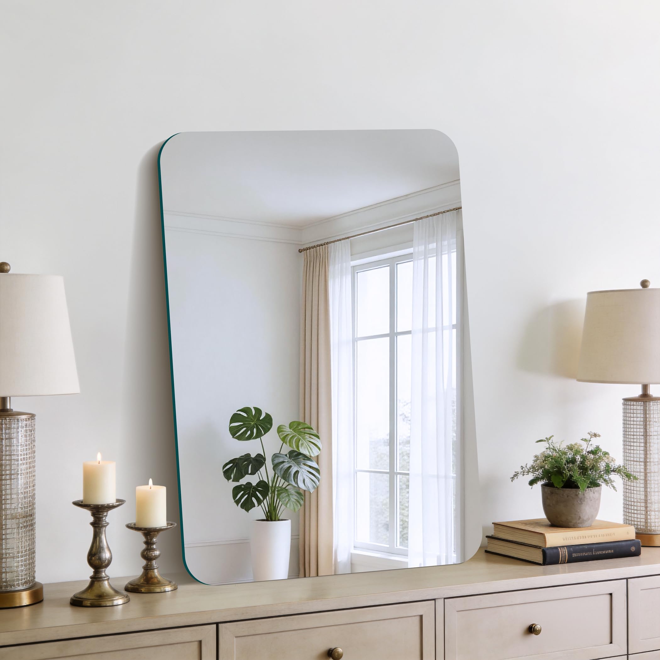 KOCUUY Espejo de baño Rectangular sin Marco, Espejo de Pared de 70 x 50 cm, Espejo con Cristal irrompible, reflexión HD, Esquinas Redondeadas, Adecuado para baños, dormitorios o vestidores.
