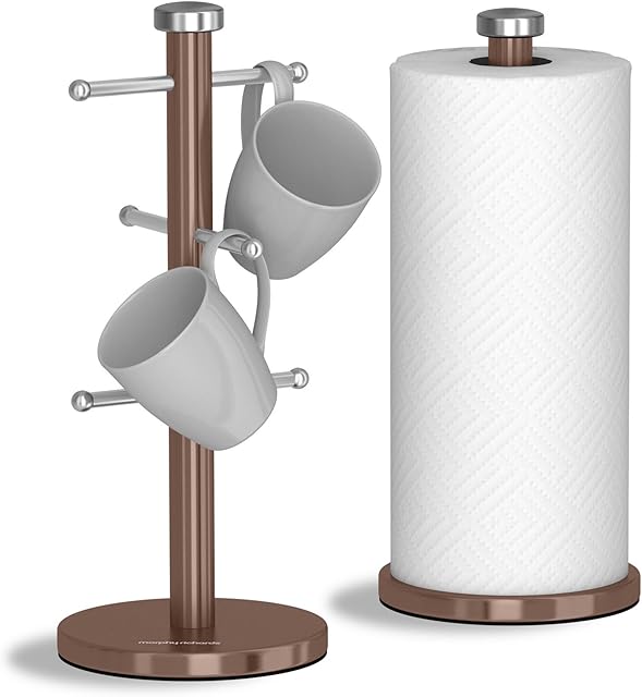 Morphy Richards 974039 Accents Kitchen Roll Holder and Mug Tree Set, Stainless Steel, Copper, 15 x 15 x 34.5 cm