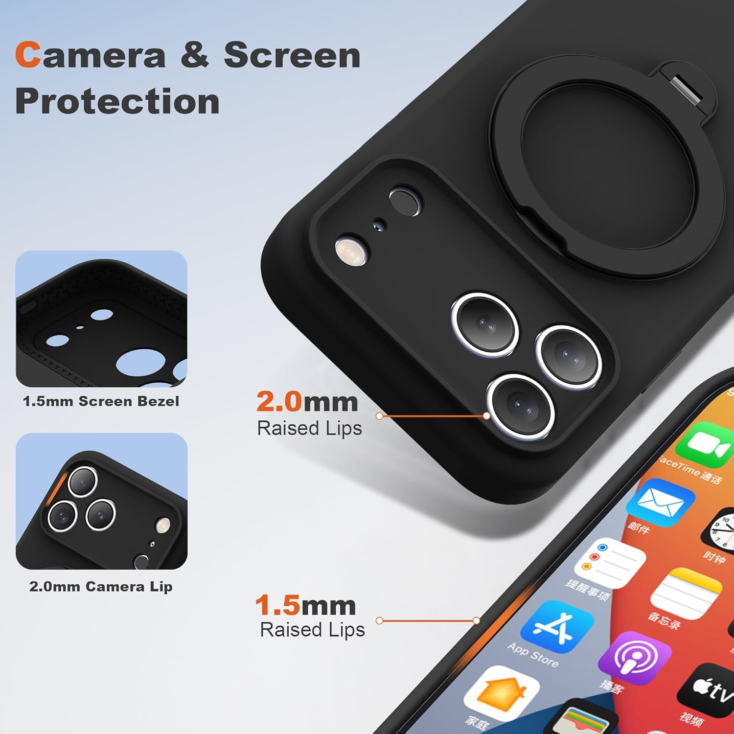 Compatible with iPhone 17 Pro Max Case 6.9'' with 360 Spin Magnetic Ring Stand[Compatible with Mag-Safe] Soft Liquid Silicone 17 Pro Max Case for Men Women,Black