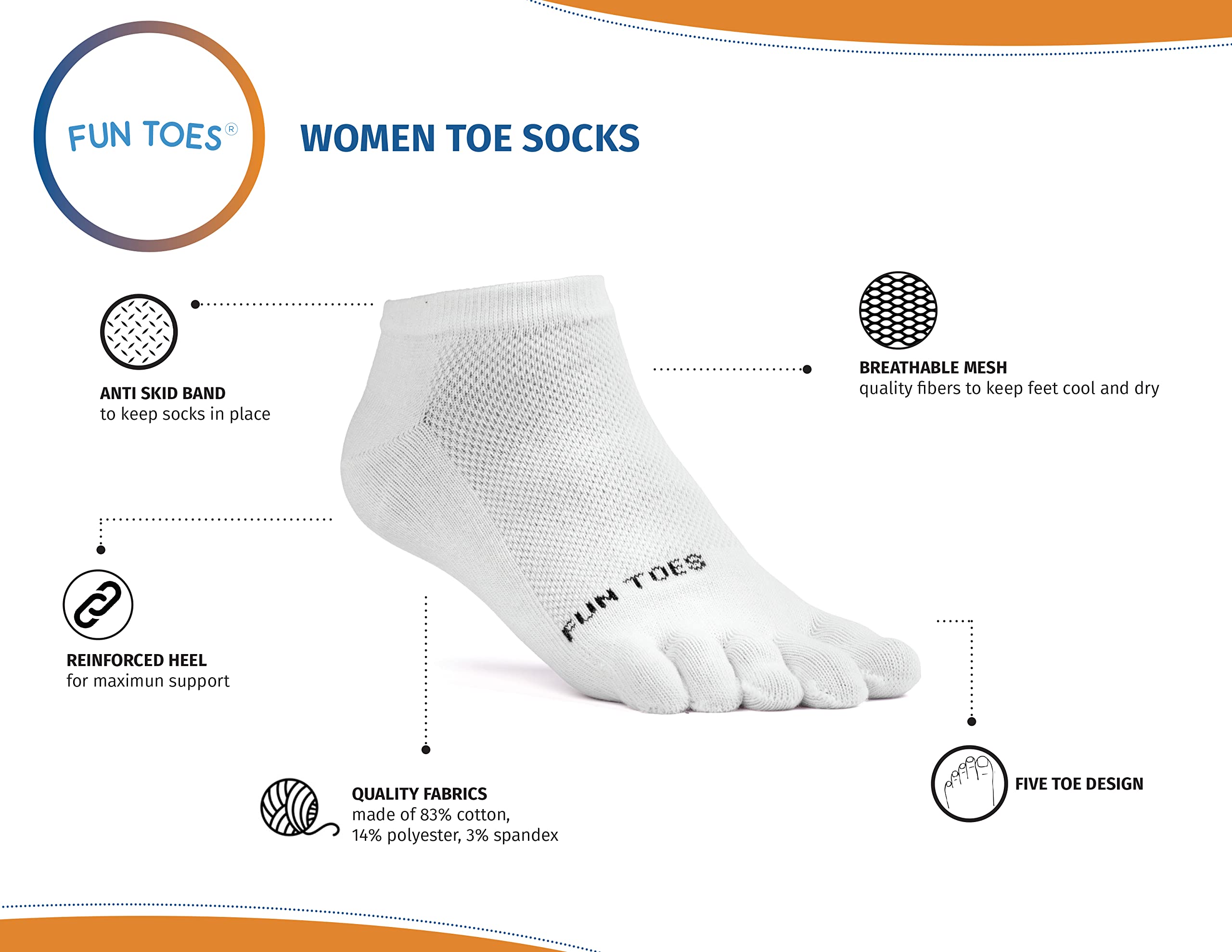 FUN TOES Lot de 6 paires de chaussettes à bout en coton pour femme - Respirantes - Taille 42-45