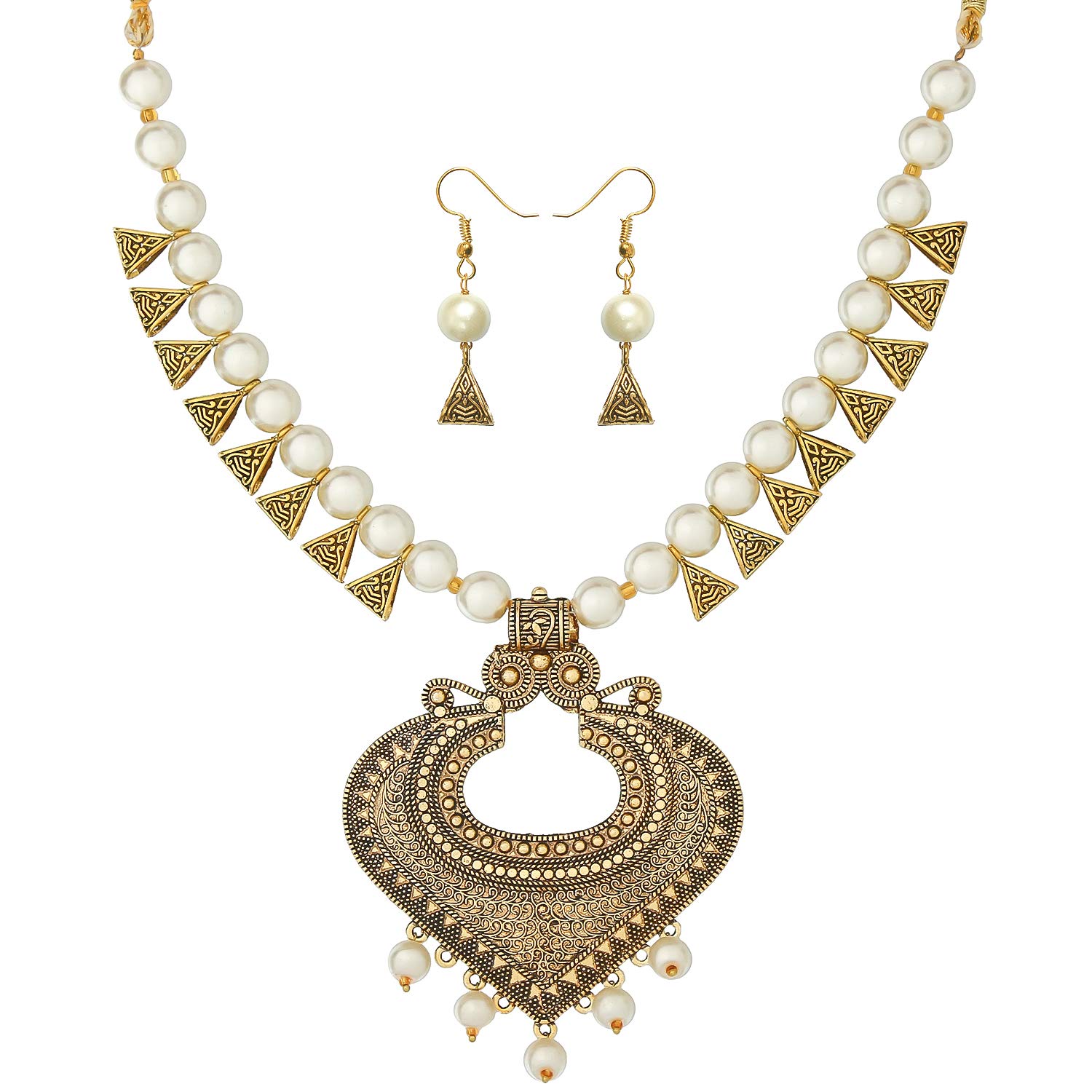 AHOORA Ethnic Pan Design White Glass Beads Necklace with Earrings Set for Women (B08RBZD384) Amazon Price History, Amazon Price Tracker