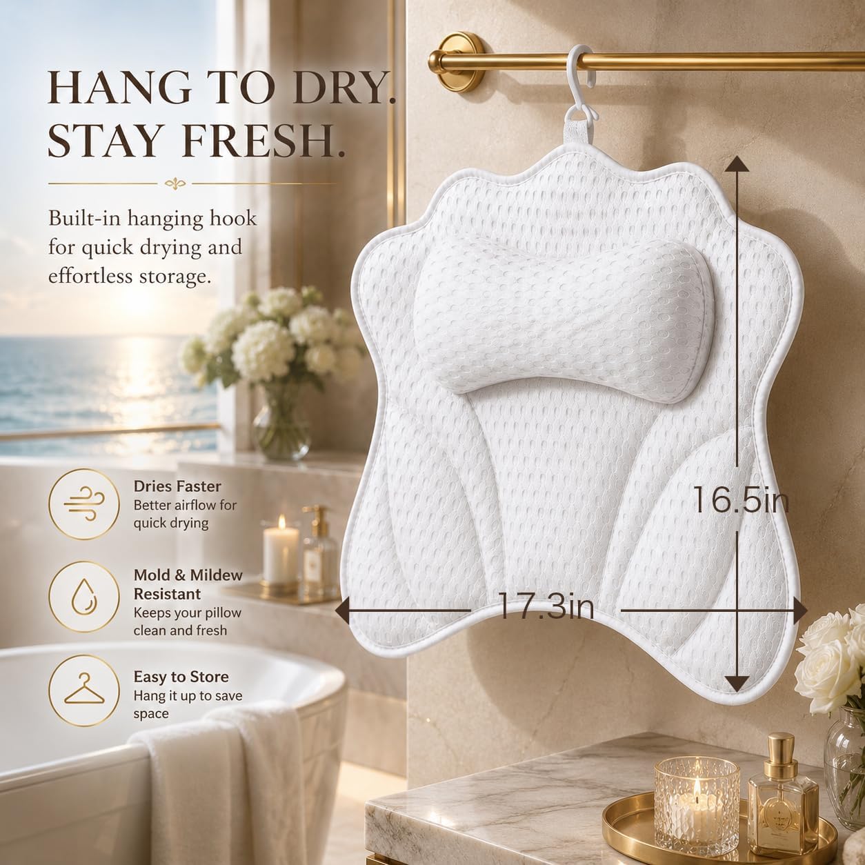 Luxe Bath Pillow for Tub Quick-Dry 4D Mesh,Head, Neck & Back Support(White)