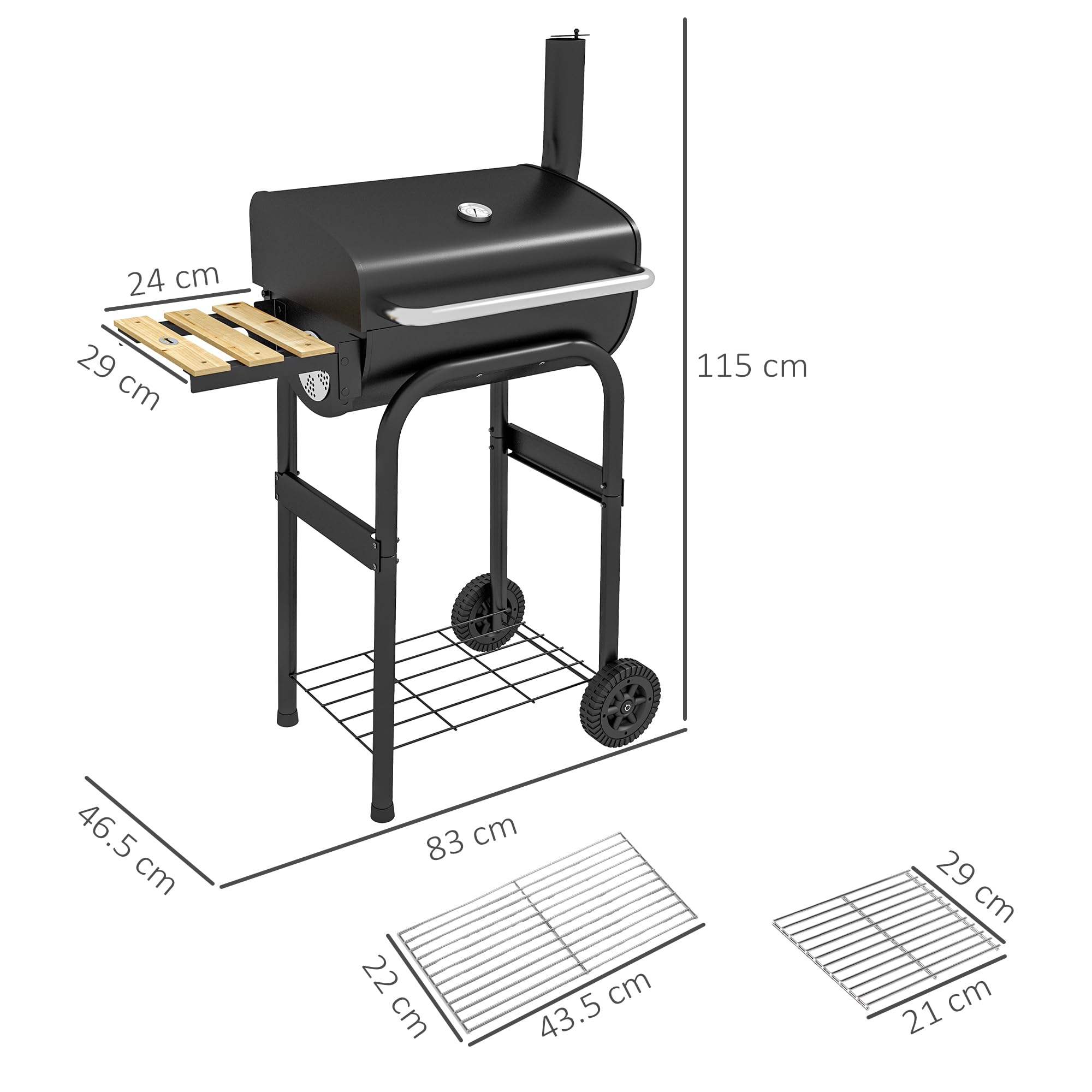 Outsunny Grill na węgiel drzewny z półkami, przenośny wózek do grillowania z kółkami, pokrywka, termometr, komin, do gotowania na świeżym powietrzu, ogrodu, na imprezę, czarny