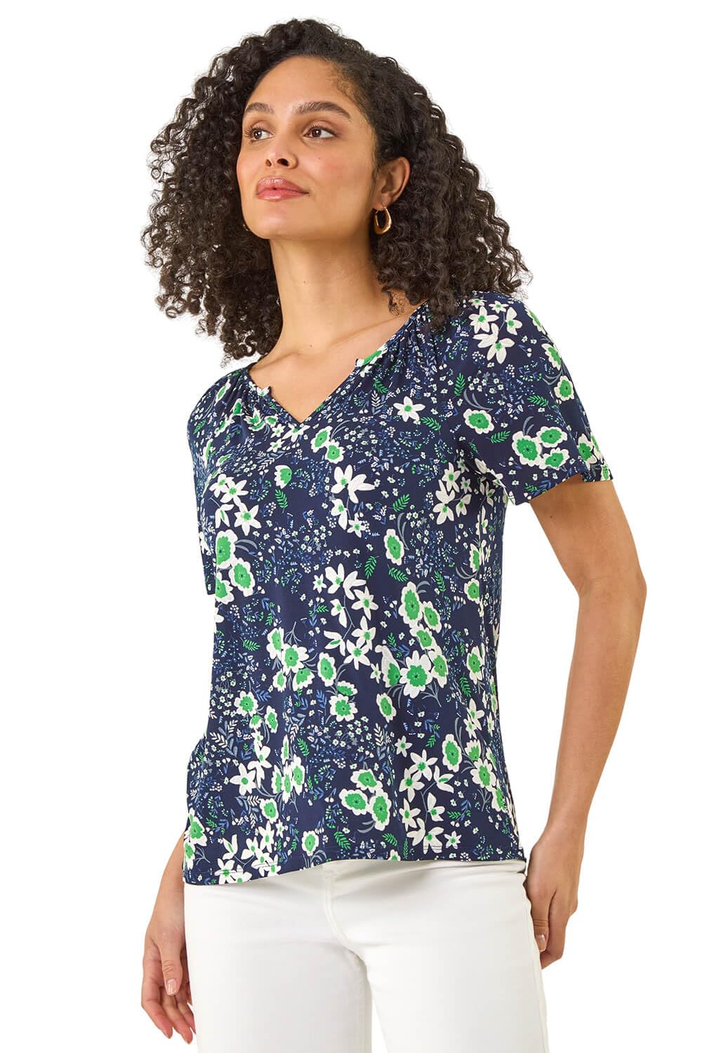 Roman Women's Navy Floral Gathered V-Neck Top In | Size: 20