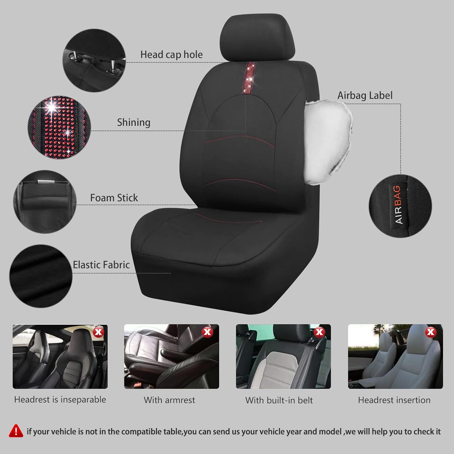 Outlet Cloth Rhinestone Bling Diamond Car Seat Covers Full Set, Universal Fit 95% Car, Airbag Compatible, Zipper Rear Armrest, Breathable with Glitter Crystal Sparkle Strips for Women (Black Red)