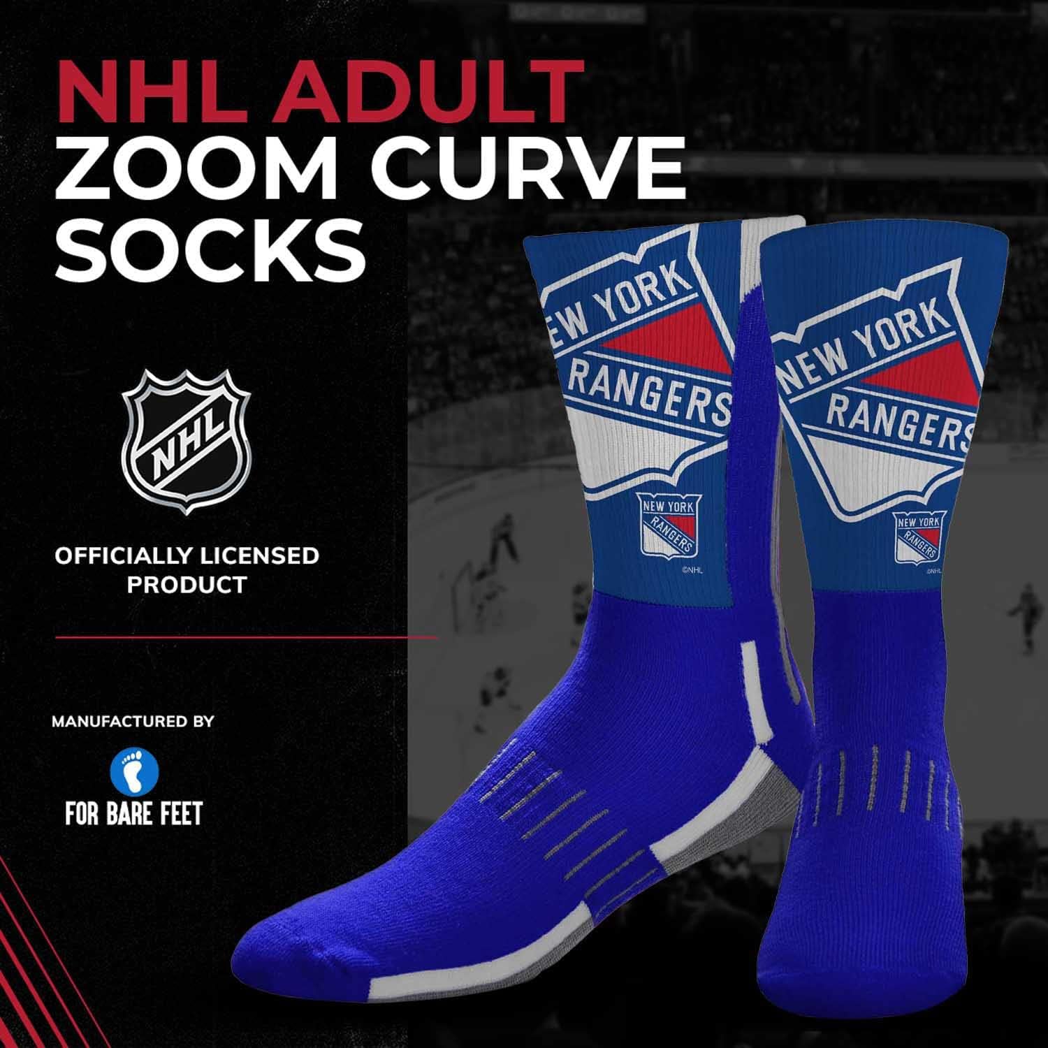 For Bare Feet Adult NHL Zoom Curve Team Crew Socks - Poly Spandex Blend - Supportive formed heel - Enhance Performance and Style (New York Rangers - Royal, Large) - Image 2