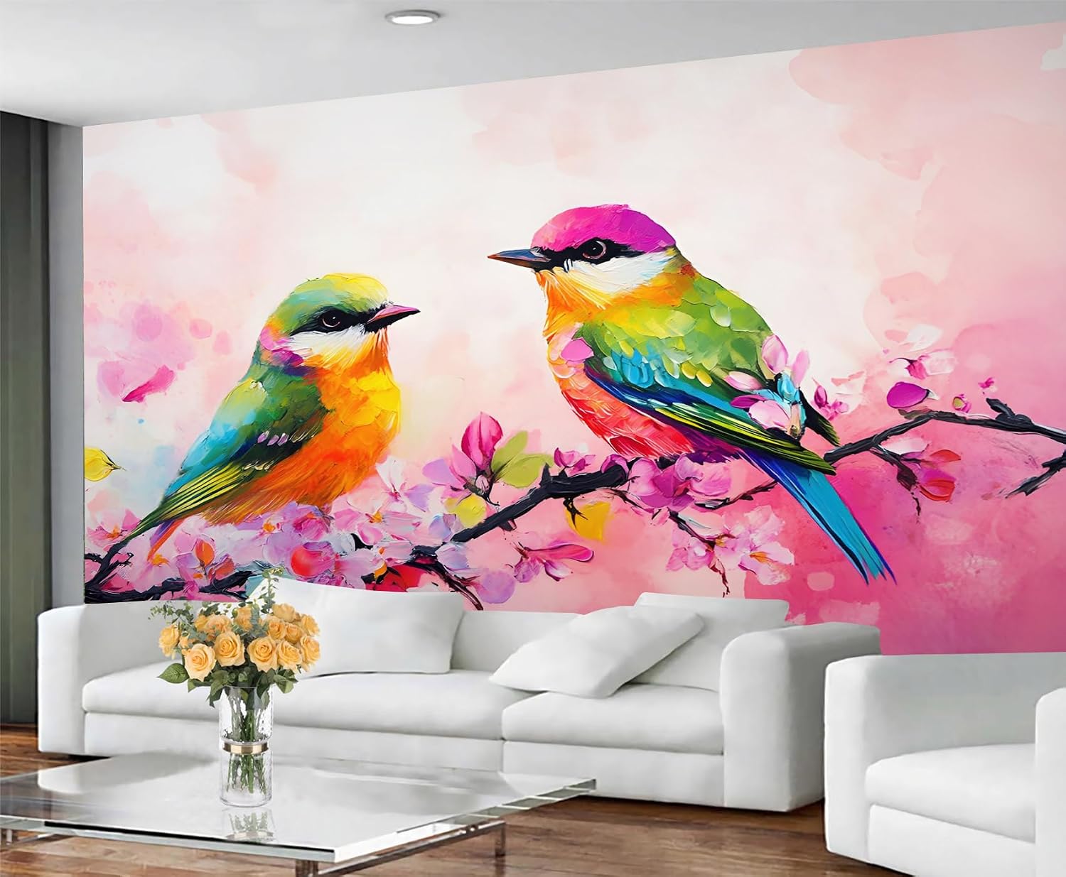 Cute Bird Wallpaper & Home Decor, Floral Mural Wallpaper for Bedroom, Colorful Birds Wall Paper for Living Room, 3D Pattern Printed Murals (Not Peel and Stick)