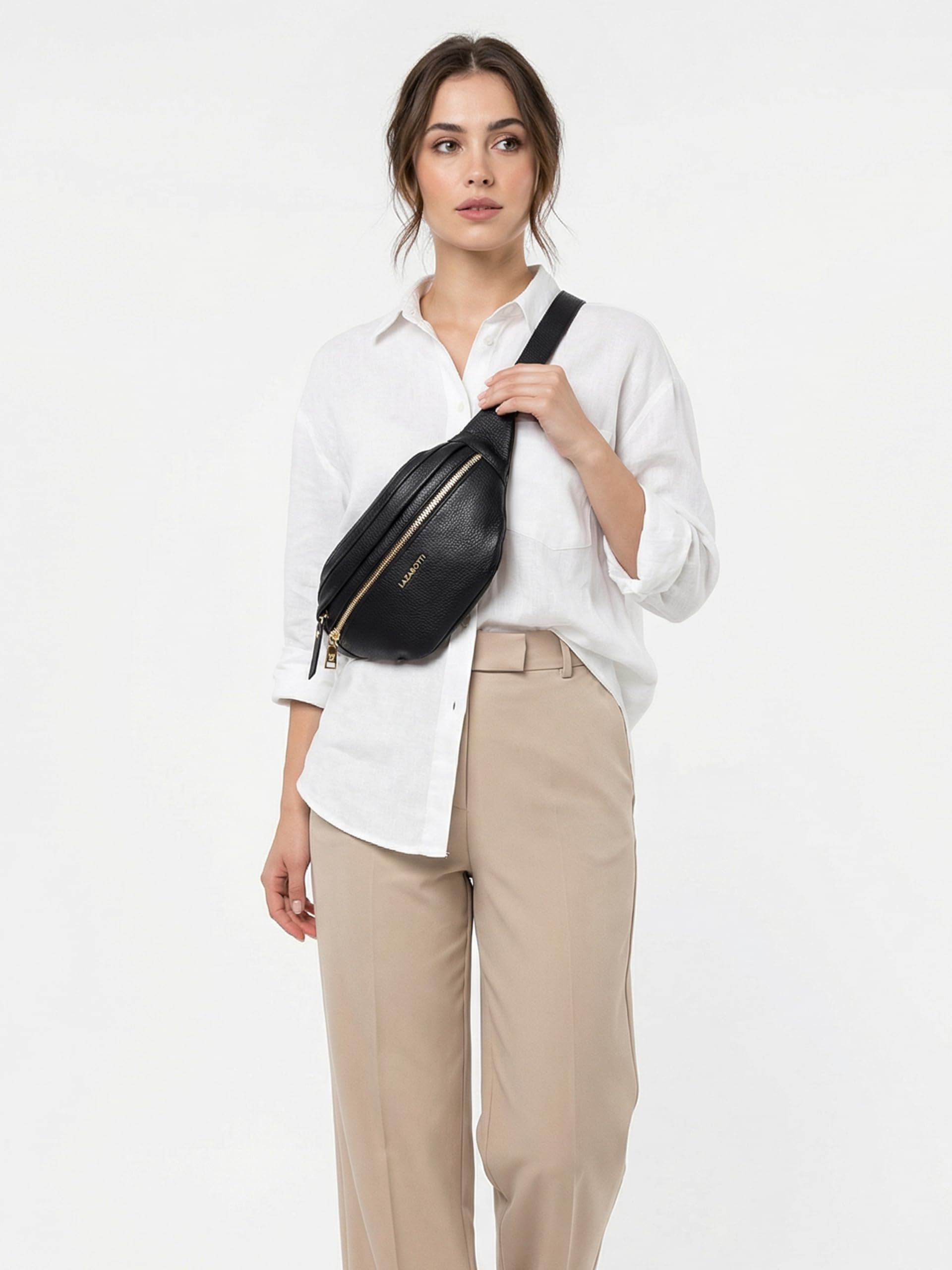 Lazarotti Bologna XL Leder Gürteltasche Damen | 2 Reißverschlussfächer | große Bauchtasche 25 cm