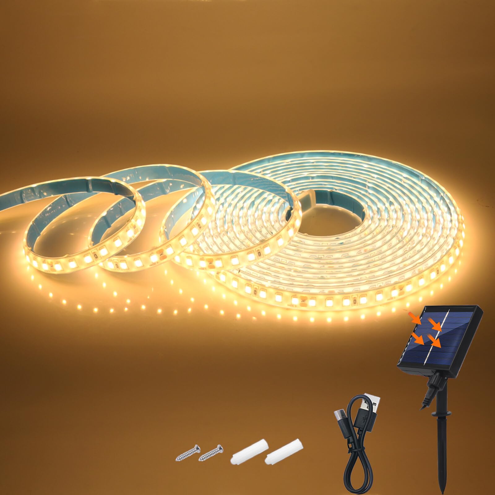 KAFULA 24V 8 Mode Solar Strip Light [1m,Warm White 3000-3500K],IP68 Waterproof,1200MAH Solar Powered Flexible LED Rope Light CRI85+,Bedroom Garden Balcony Decorative Lighting