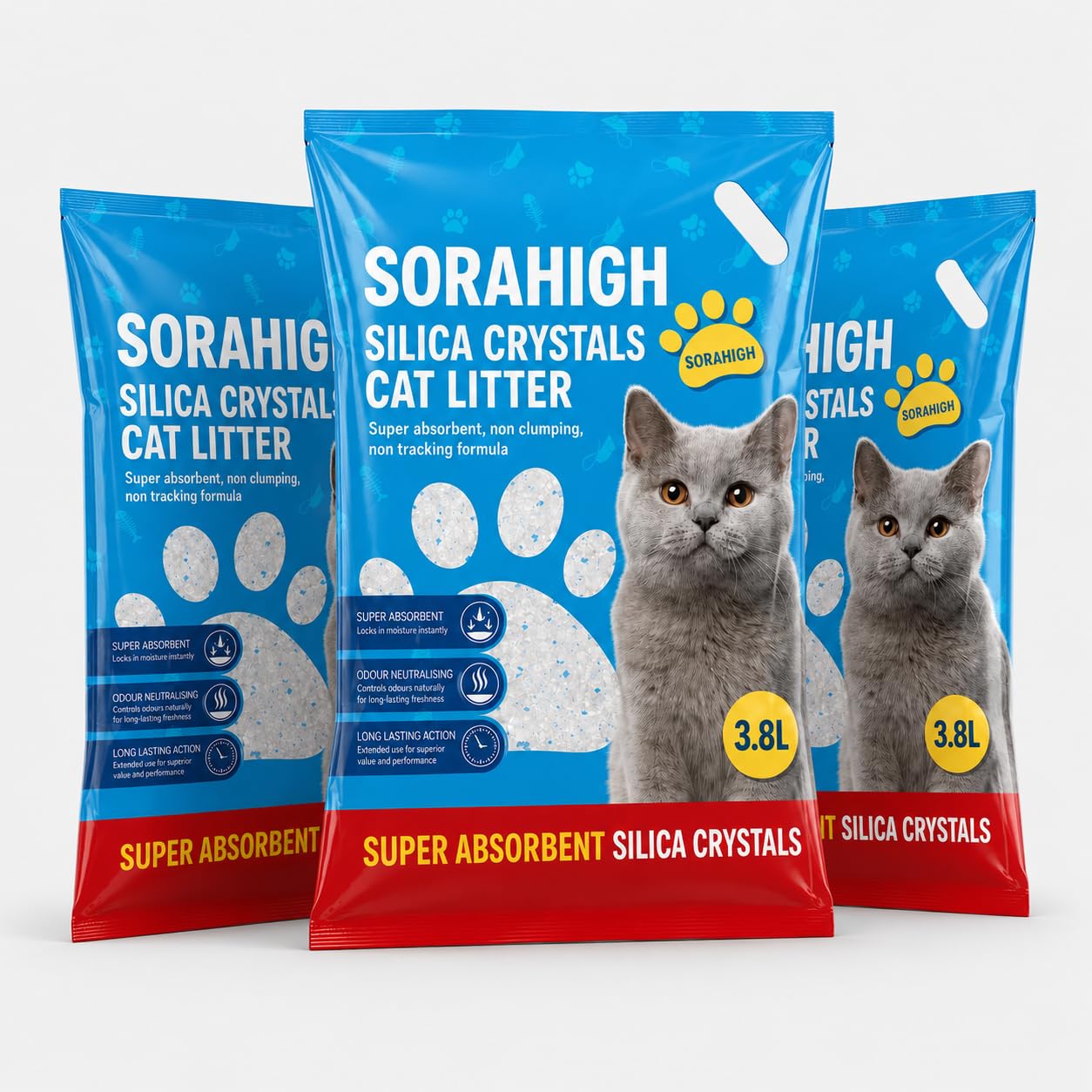 Silica Crystals Cat Litter 3.8L, Super Absorbent Non-Clumping Cat Tray Litter, Low Tracking Odour Control Litter Crystals, Moisture Locking Hygienic Cat Litter for Indoor Cats (3.8L (Pack of 3))