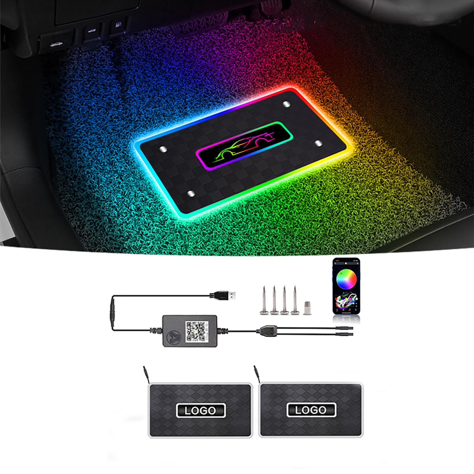 Customizable Logo Car Floor Mats Ambient Light, Car Floor Mats with Led Strip Light, Car LED Multi-Color Strip Lamp Universal Automotive Floor Mats Decoration Atmosphere RGB Lights(B+USB, 2in1)