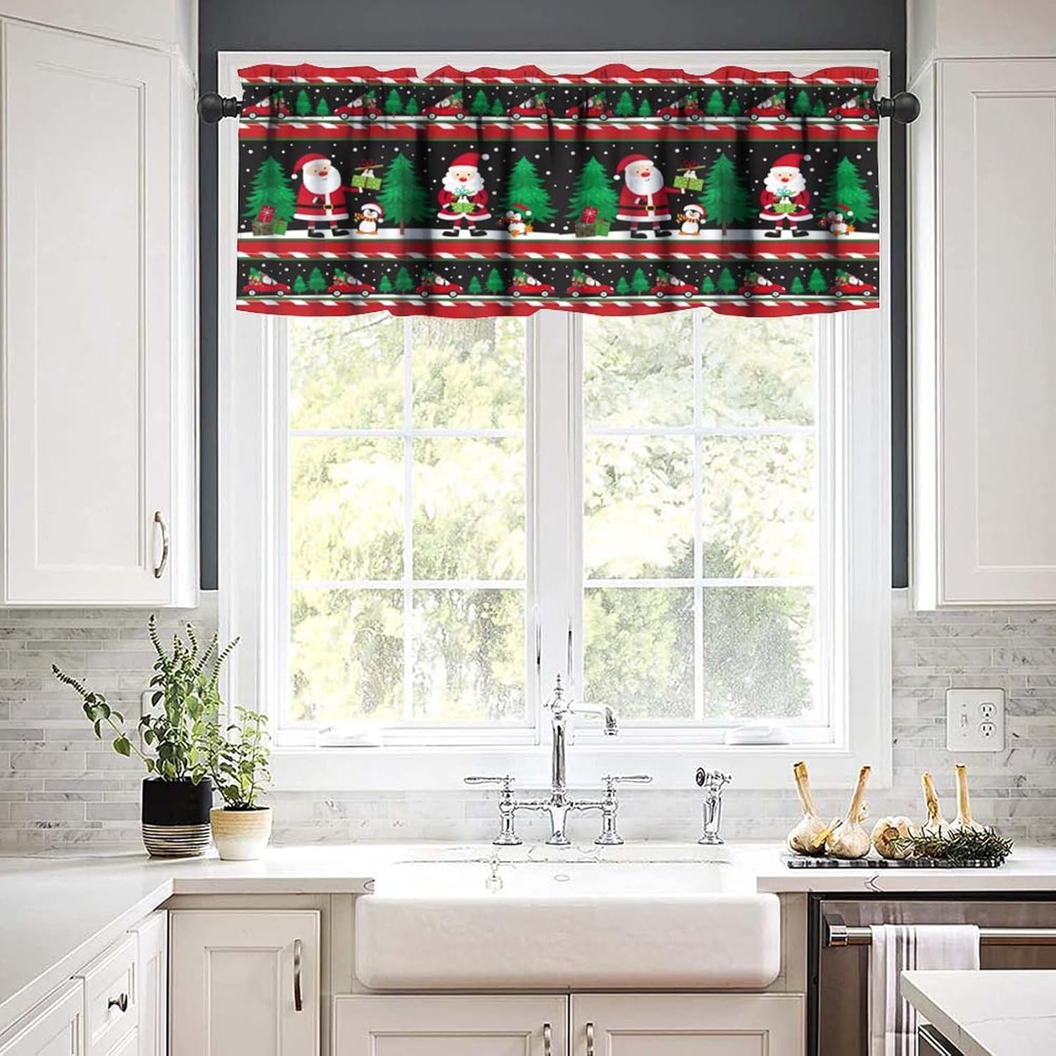 Christmas Snowman Kitchen Curtain Drapery, Winter Christmas Holiday Santa Gifts Kitchen Living Room Curtain Rod Pockets 54x18in+27x36in x2