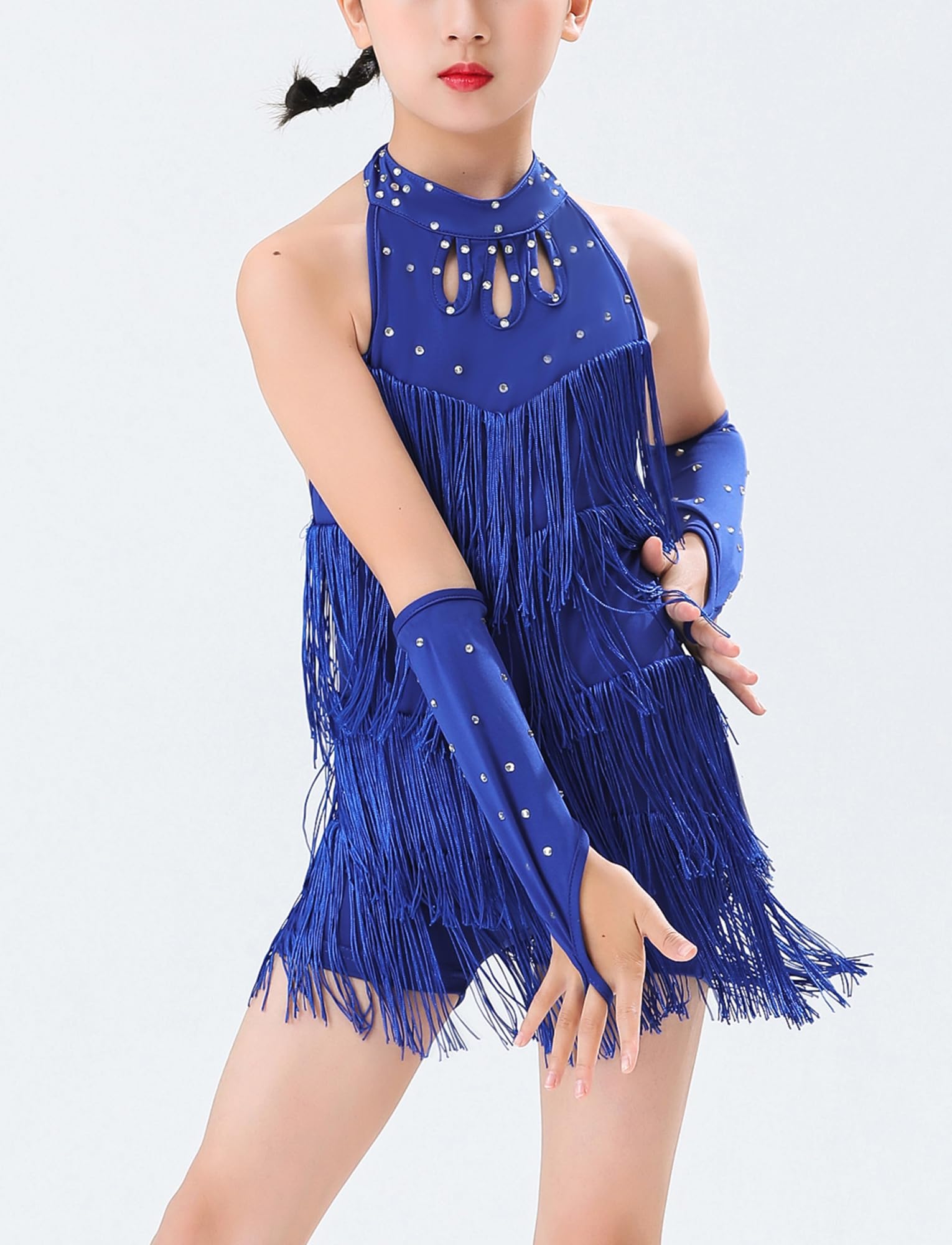 FEOYA Filles Robe de Danse Latine sans Manches Vêtements de Danse Frange Short Une pièce Enfants Jazz Samba Tango Salsa Tenue avec Couvercle du Manchon Dancewear pour 3-14 Ans