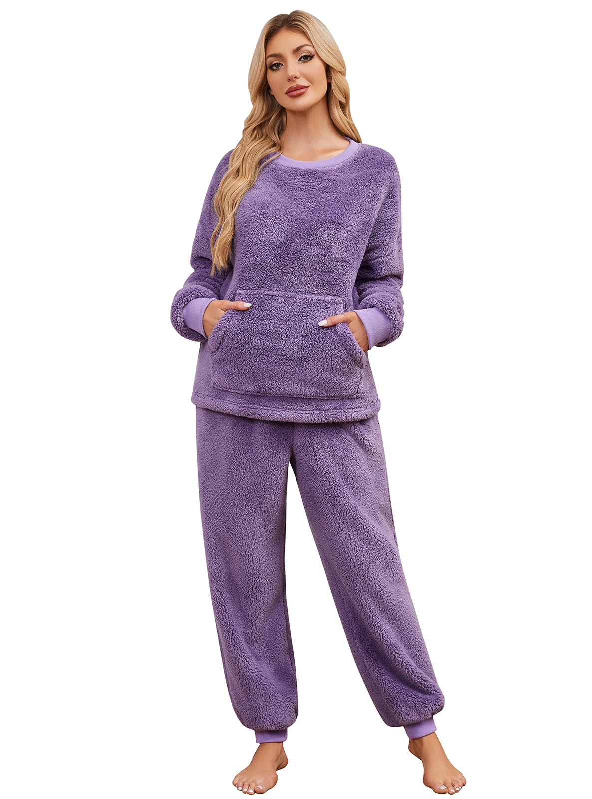 Niwicee Schlafanzug Damen Lang Winter Thermo Pyjama Set Fleece Hausanzug Kuschelig Warmer Flanell Pyjama Nachtwäsche Zweiteiler Flauschig Lounge Anzug mit Sweatshirt und Hose Polar PjS